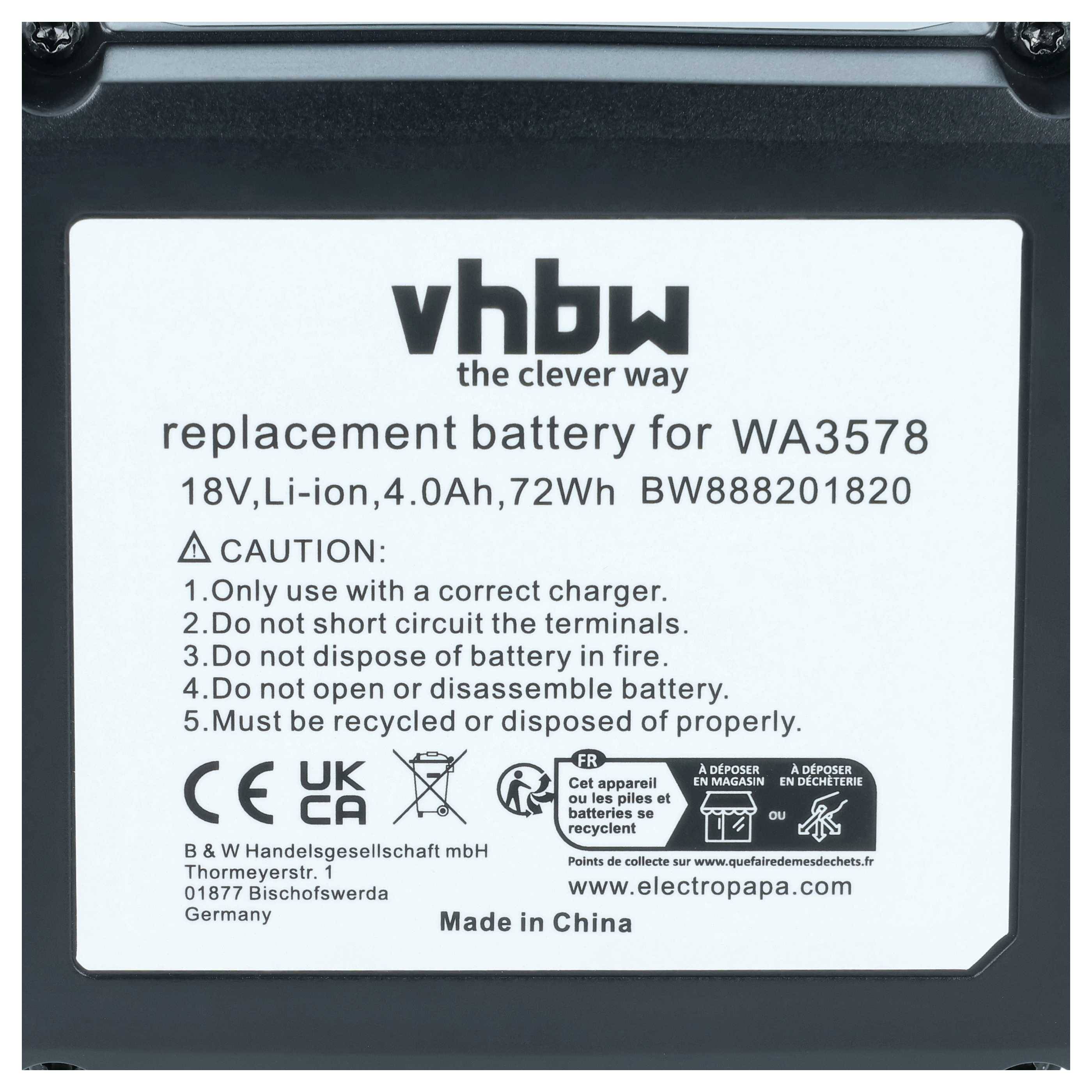 vhbw Akku kompatibel mit Worx Landroid M700 WR142E, M500 WR141E, M1000 WR143E, M WR141E, M WR142E Werkzeug (4000 mAh, Li-Ion, 18 V)
