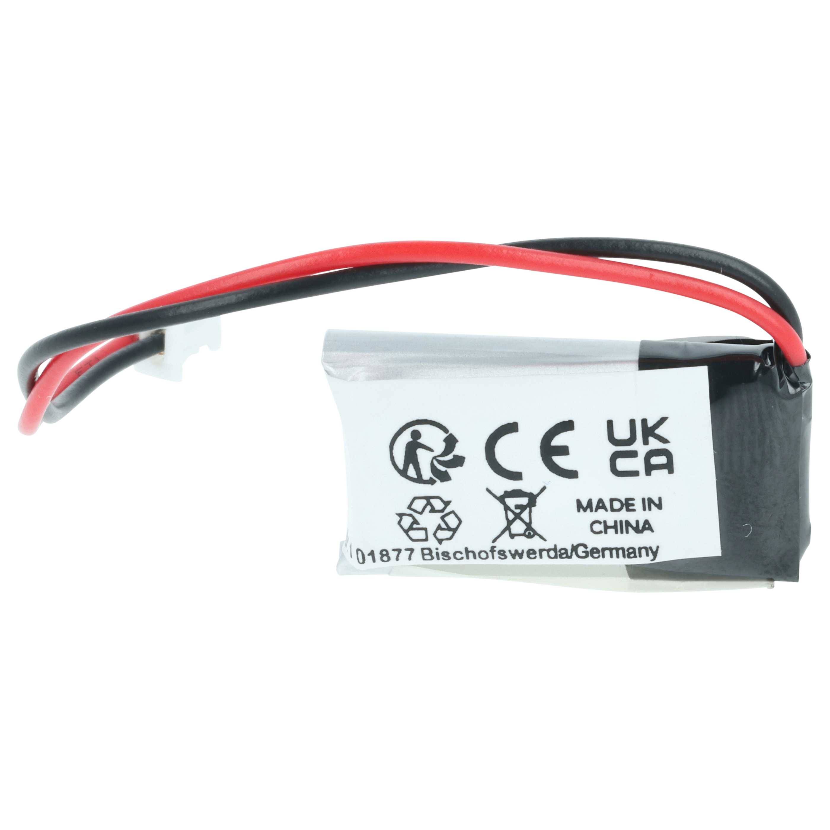 Eine kleine elektronische Komponente mit schwarzen und roten Kabeln, gekennzeichnet mit 'CE', 'UKCA' und 'Made in China'. Recycling- und Herstellersymbole sind sichtbar.