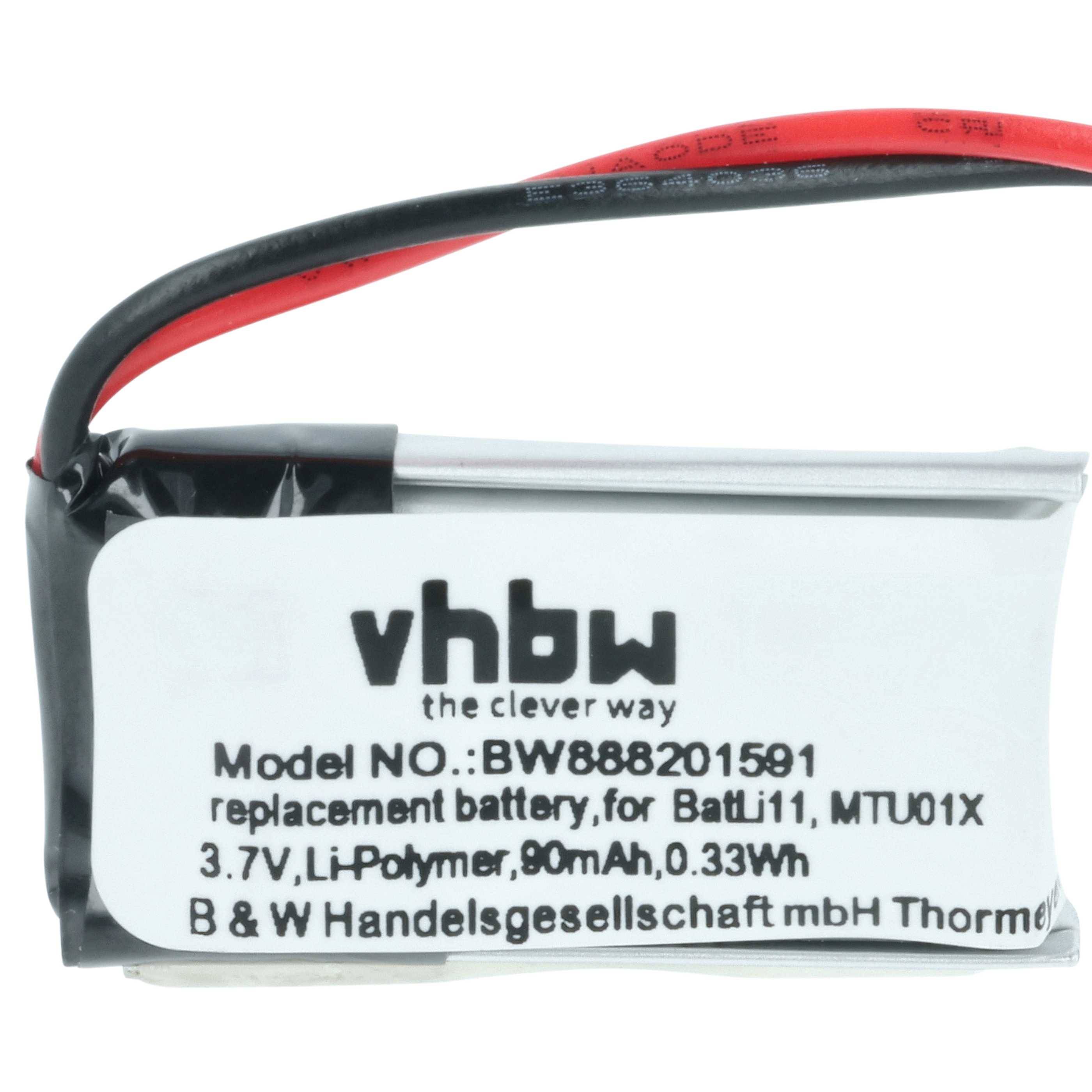 Ersatzbatterie mit Bezeichnung 'vhbw', Modellnummer BW8882015891. Geeignet für BatLi11, MTU01X, 3,7V, 90mAh, 0,33Wh.