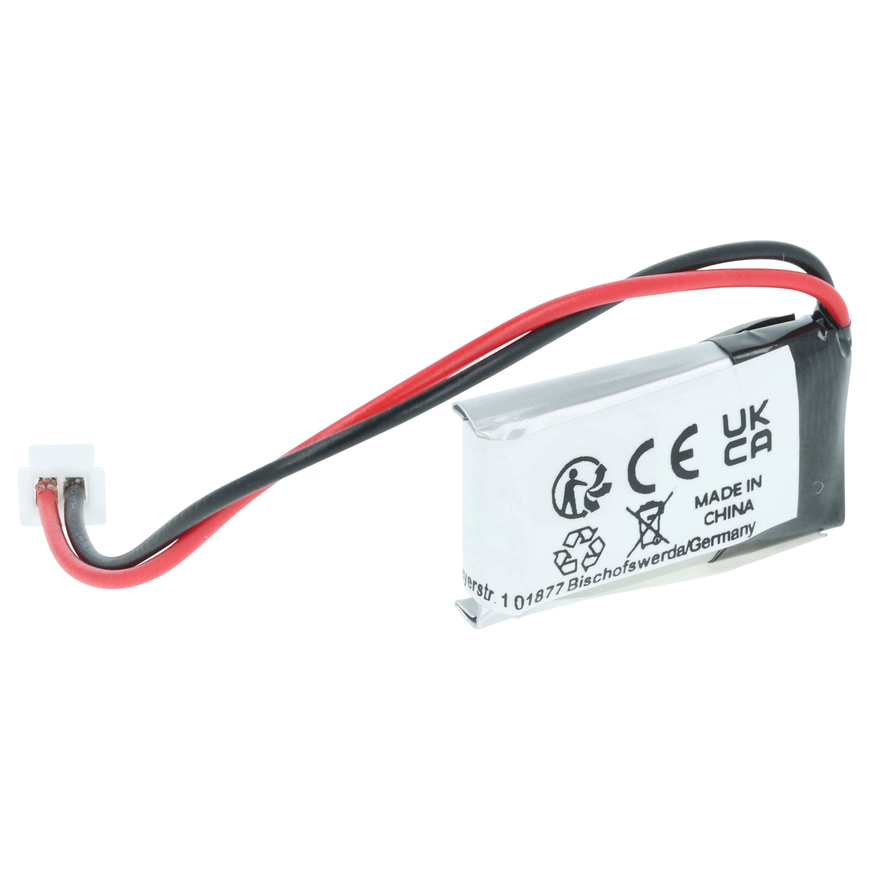 Eine kleine rechteckige Batterie mit roten und schwarzen Kabeln, mit Zertifizierungszeichen und dem Aufdruck 