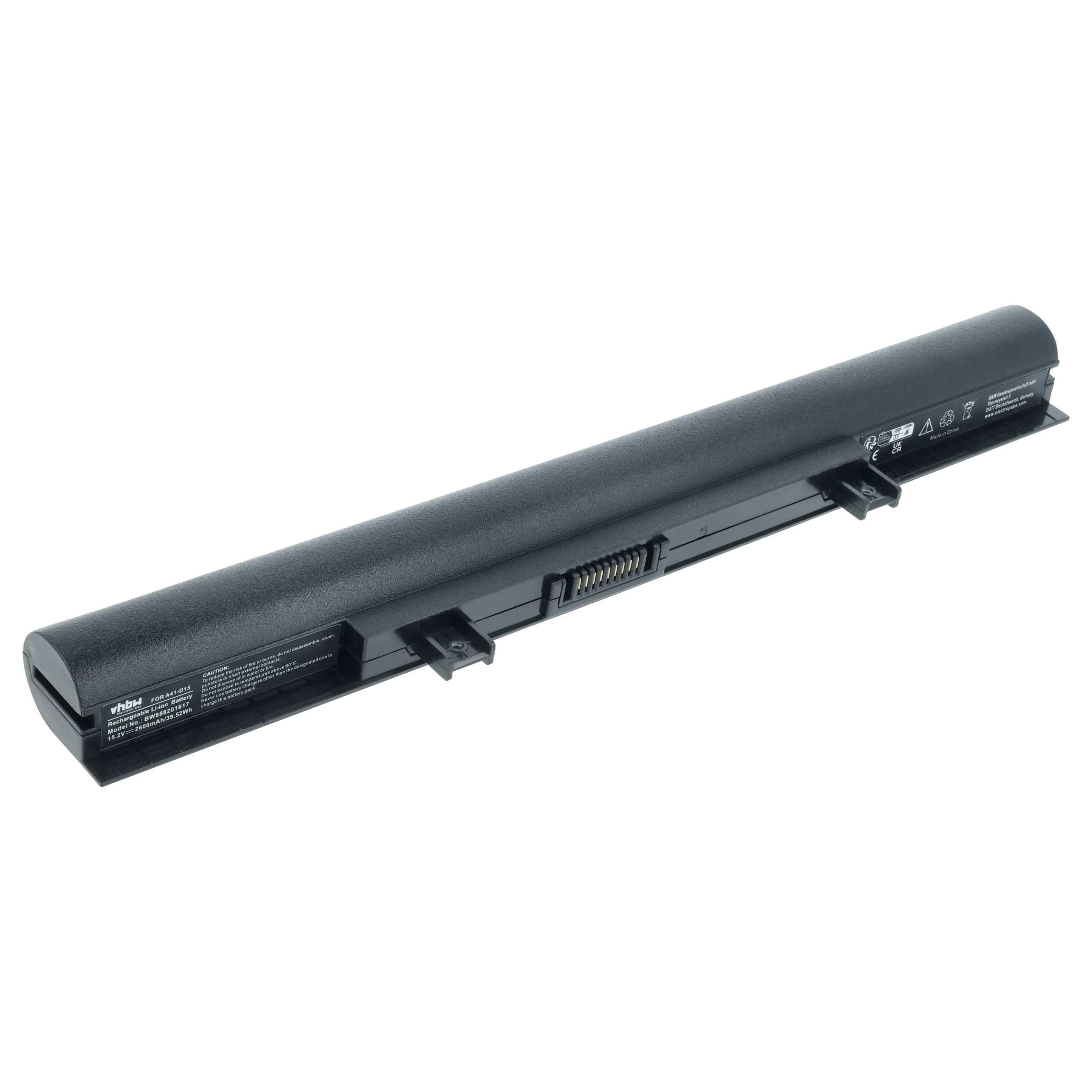 Eine schwarze Laptop-Batterie, die Verbindungsstifte, Produktetiketten und Sicherheitssymbole an der Seite zeigt, die für bestimmte Laptop-Modelle konzipiert ist.