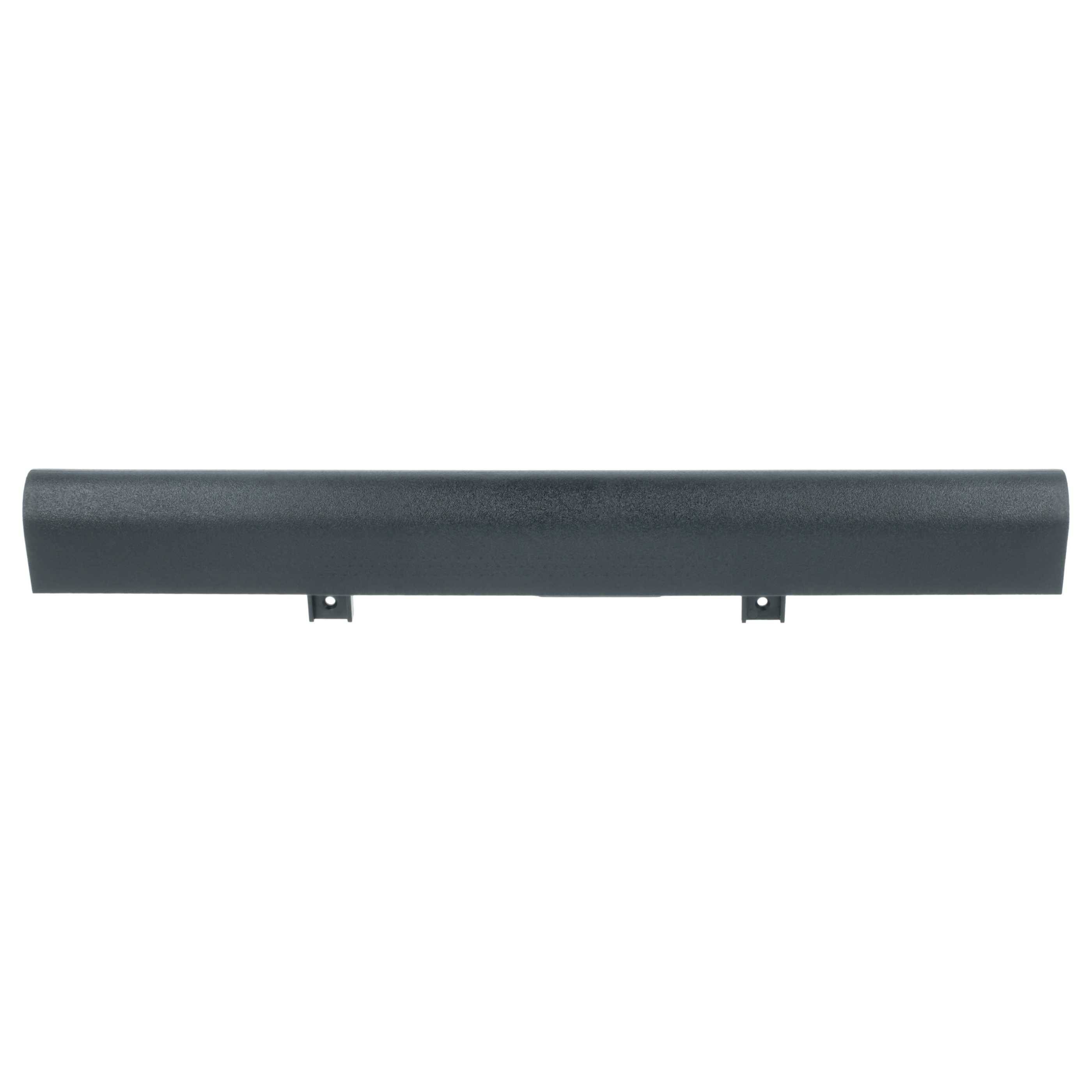 Eine schwarze, rechteckige Laptop-Batterie mit zwei Befestigungsclips an der Unterseite, von oben betrachtet.