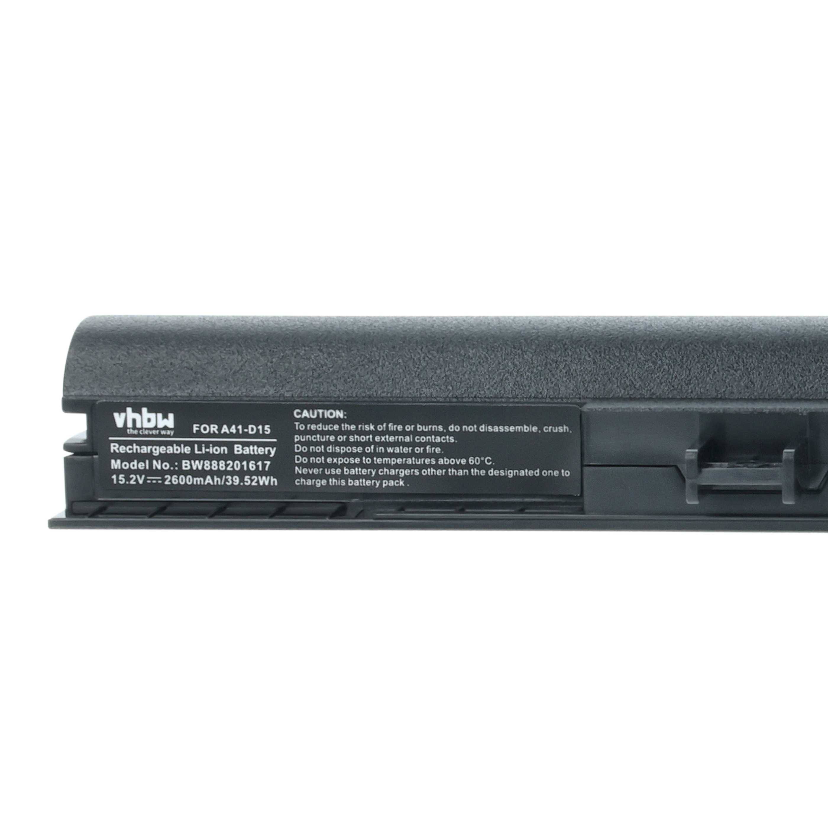 Das Bild zeigt eine schwarze wiederaufladbare Li-Ion-Batterie für einen Laptop, Modell BW-B4021H, mit den Spezifikationen 15,2V, 2600mAh, 39,52Wh.