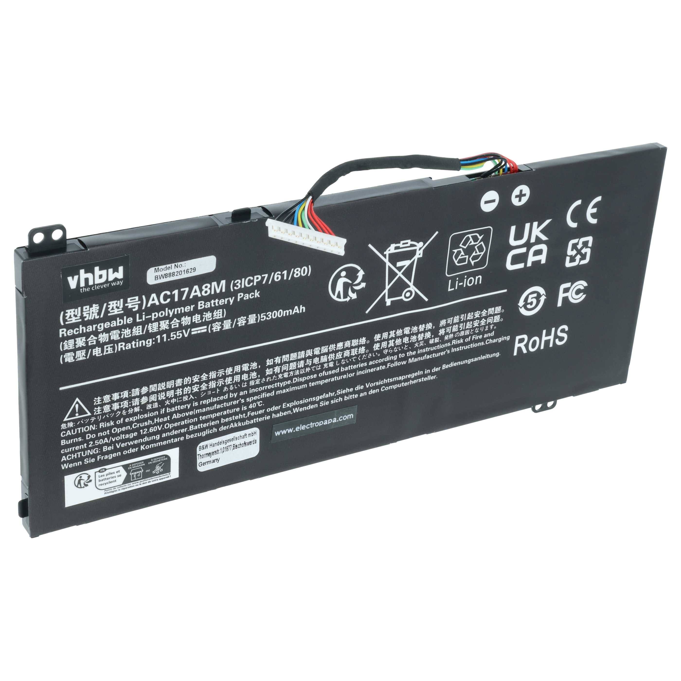 vhbw Akku kompatibel mit Acer Spin 3 SP314-52-57FR, SP314-52-585L, SP314-52-58AR, SP314-52-599W Notebook (5300mAh, 11,55V, Li-Ion)