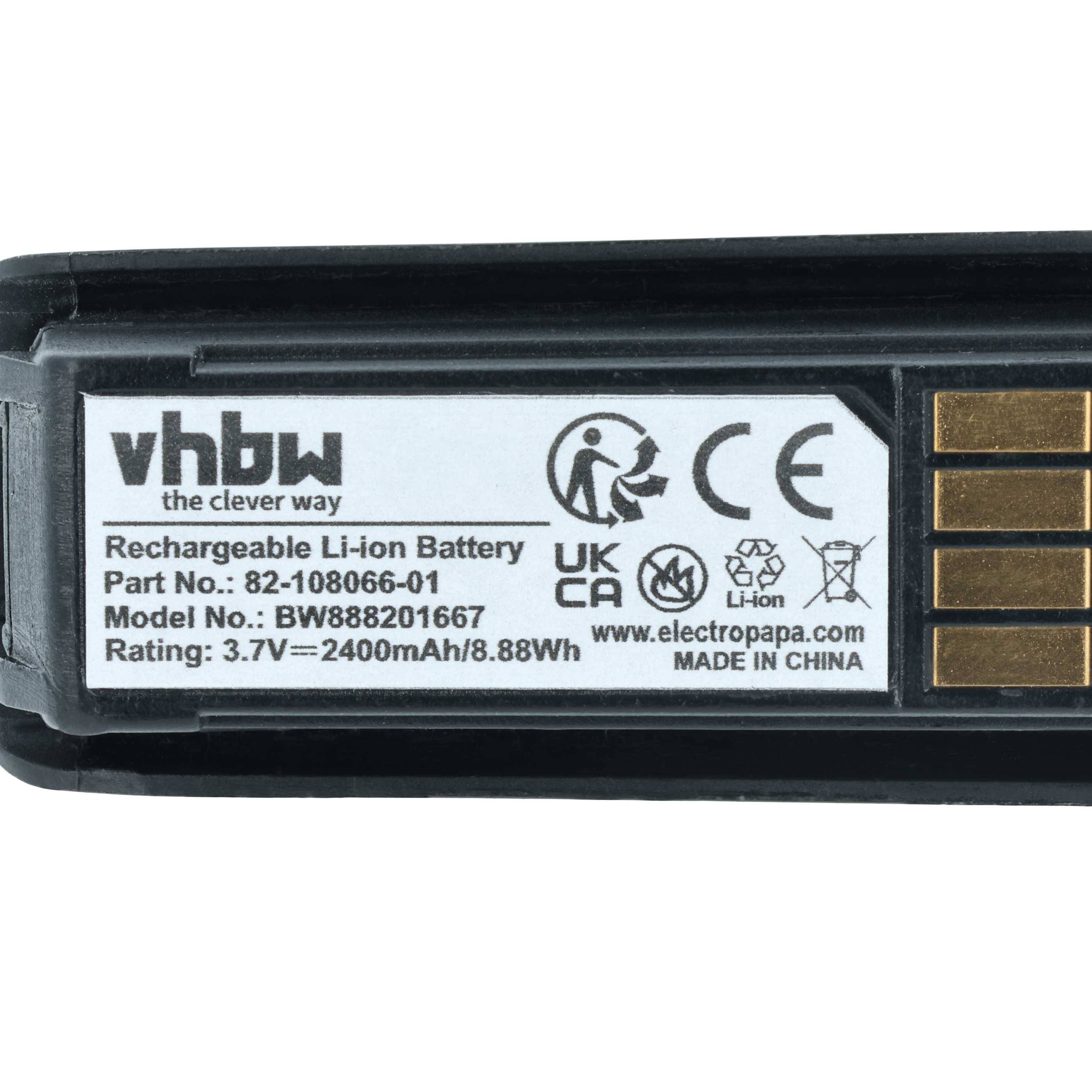 Eine rechteckige wiederaufladbare Li-Ion-Batterie mit der Modellnummer 82-108066-01 und einer Kapazität von 2400mAh, 8,88Wh, hergestellt von vhbw in China.