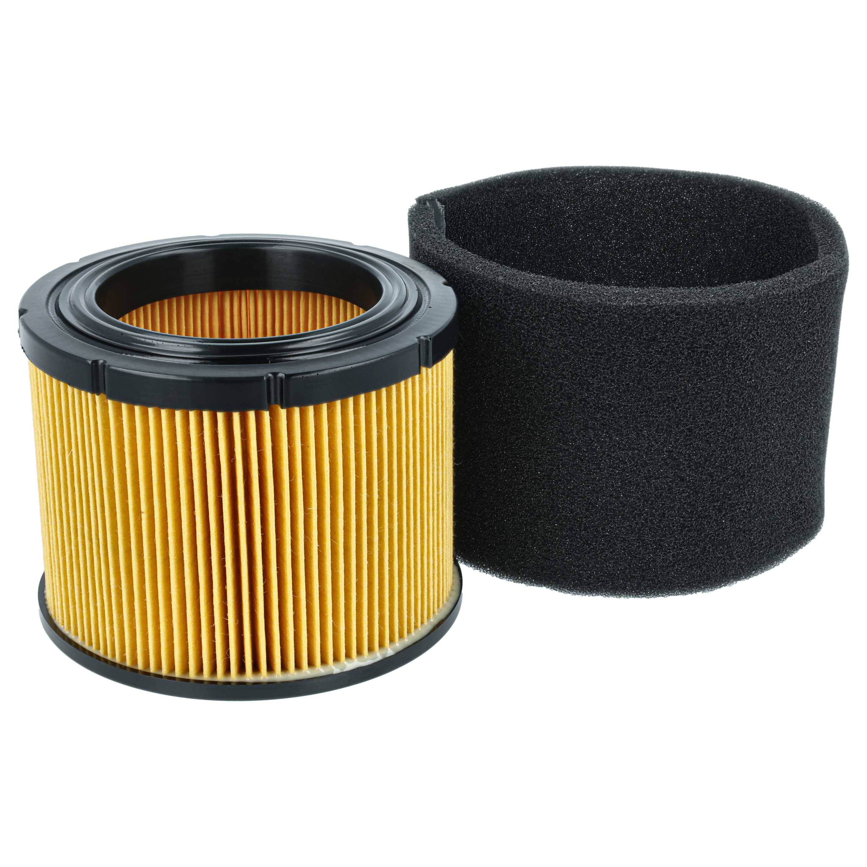 Gelbe pleated zylindrische Luftfilterkartusche neben einer schwarzen Schaumstoff-Vorfilter-Hülse auf weißem Hintergrund.