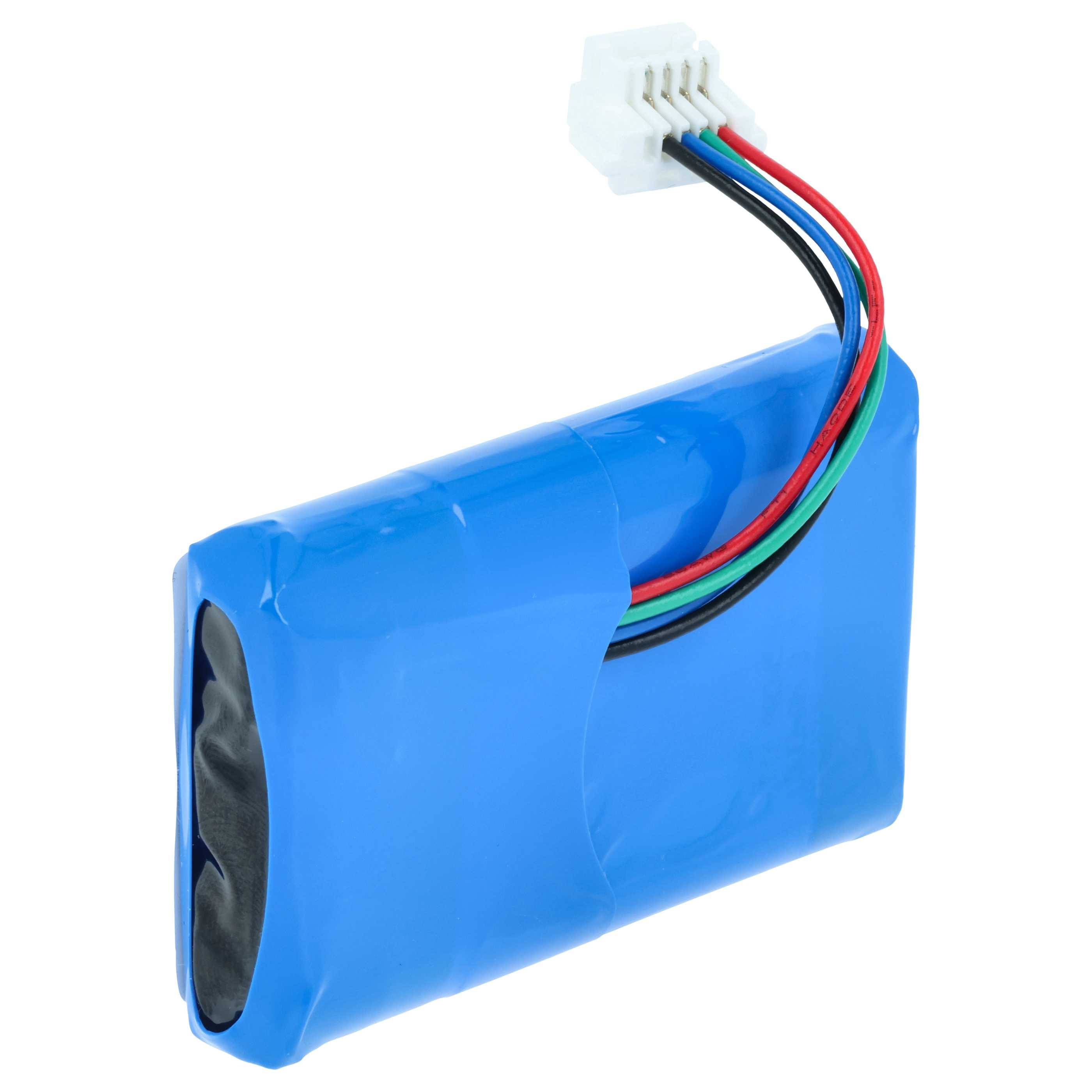 Ein blauer Akkupack mit vier farbigen Kabeln und einem weißen Stecker oben.