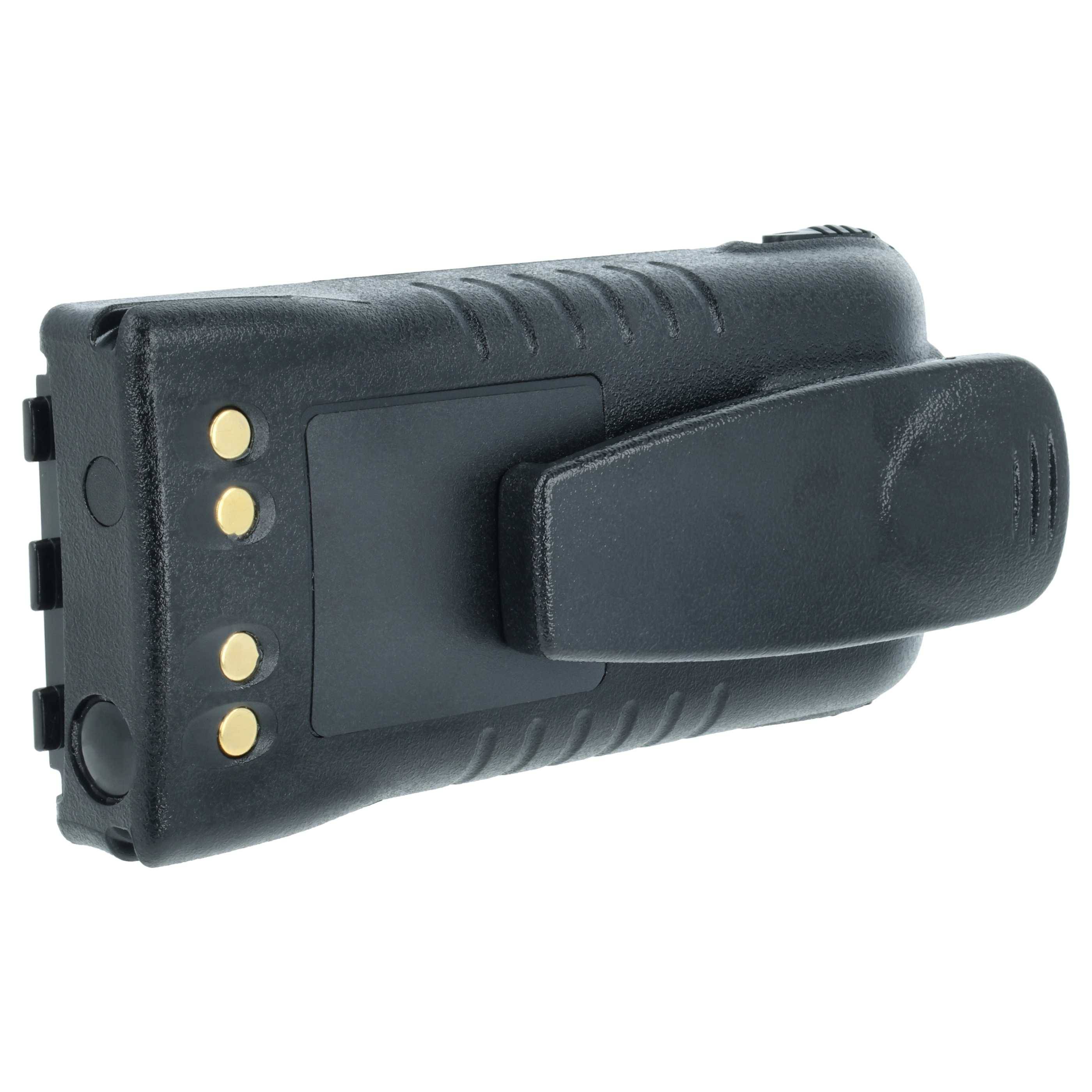 Ein schwarzer wiederaufladbarer Akkupack mit Gürtelclip, ausgestattet mit vier goldenen Kontaktpunkten auf einer Seite, entwickelt für mobile elektronische Geräte.