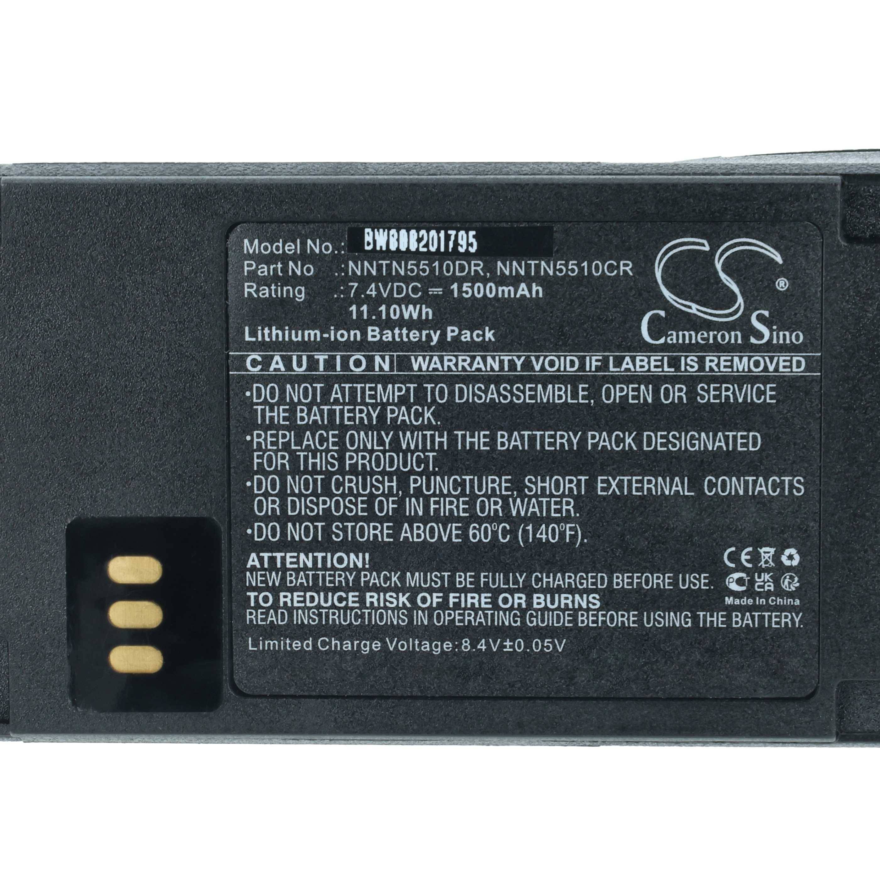 Lithium-Ionen-Akkupack, 7,4V DC, 1500mAh, 11,10Wh. Modell-Nr.: NNTN5510DR, NNTN5510CR. Vorsicht: Nicht zerlegen oder kurzschließen.