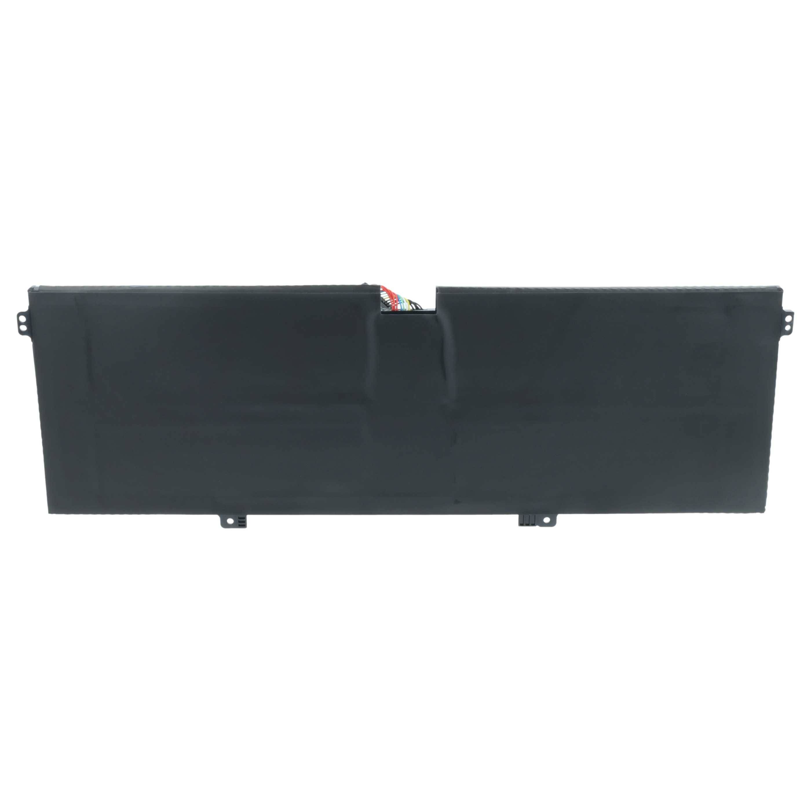 Eine rechteckige schwarze Laptop-Batterie mit einem zentralen Anschluss und sichtbaren Kabeln, die für den Einbau im Akkufach des Laptops konzipiert ist.