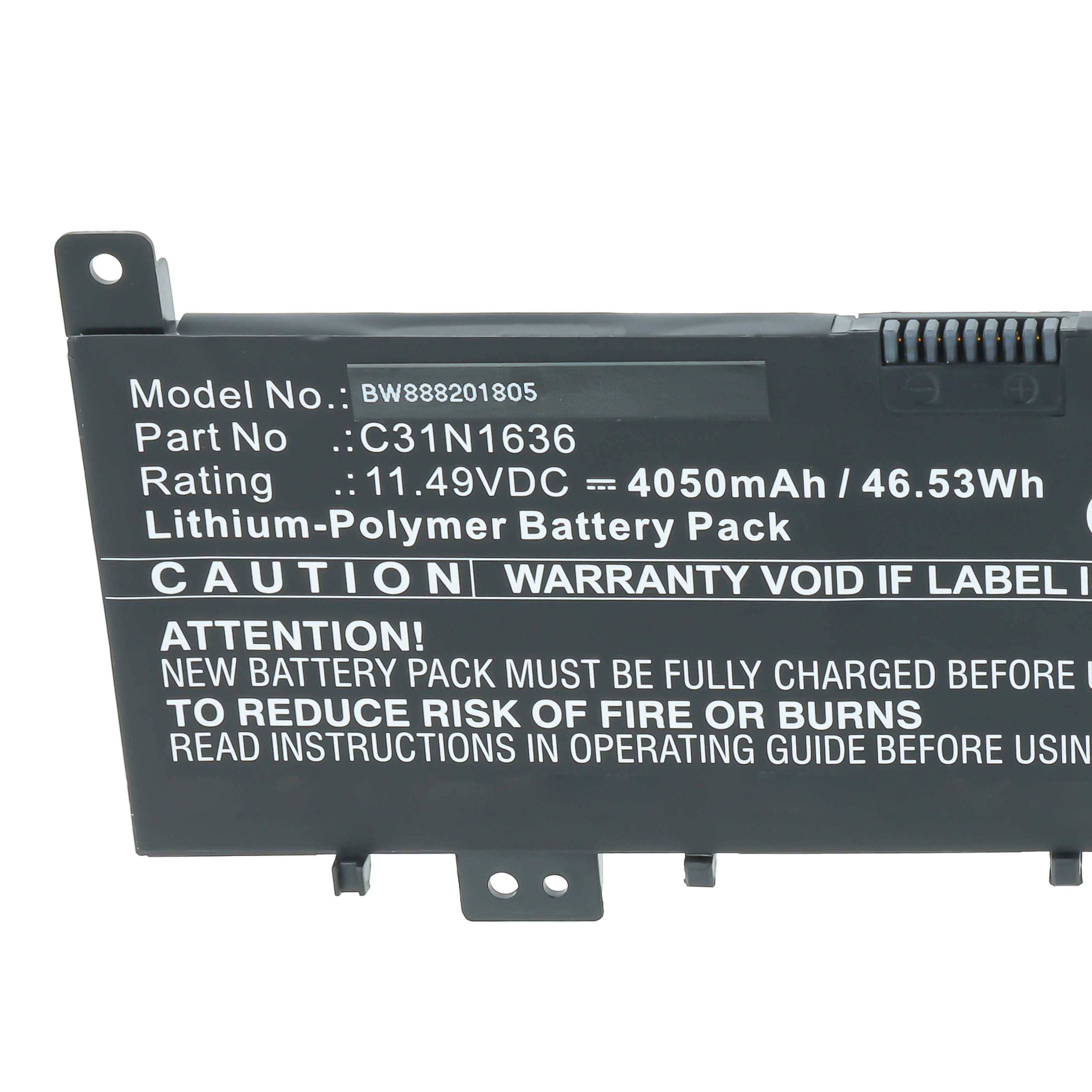 Schwarzer Lithium-Polymer-Laptop-Akku mit der Bezeichnung „Model No. BW388201805", „Part No. C31N1636"", 11,49V, 4050mAh/46,53Wh, mit Warntext.