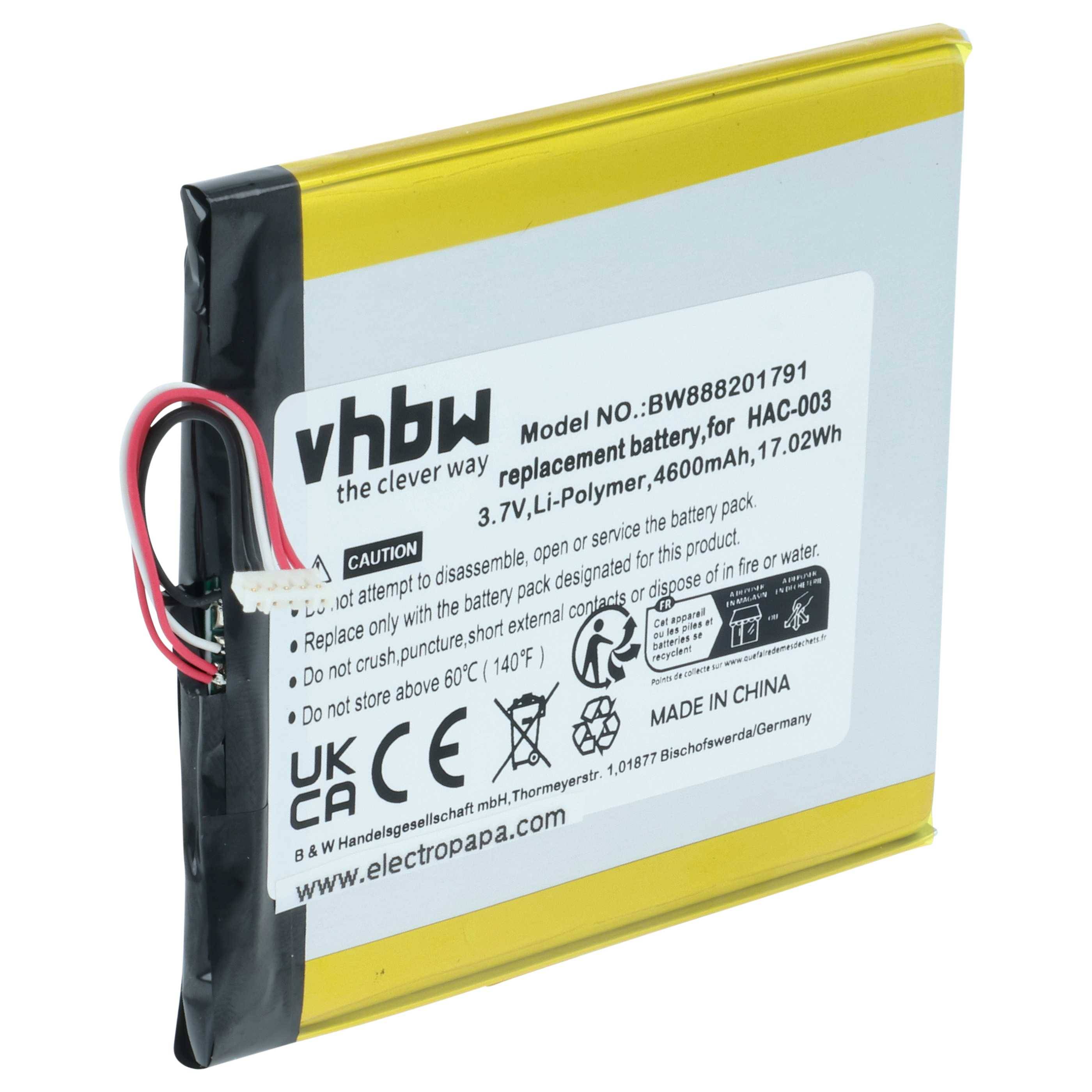 Ein quadratischer Ersatzakku mit der Aufschrift 'vhbw' und einer Kapazität von 4600mAh, Modell BW888201791. Der Text warnt vor Zerlegen. Hergestellt in China.