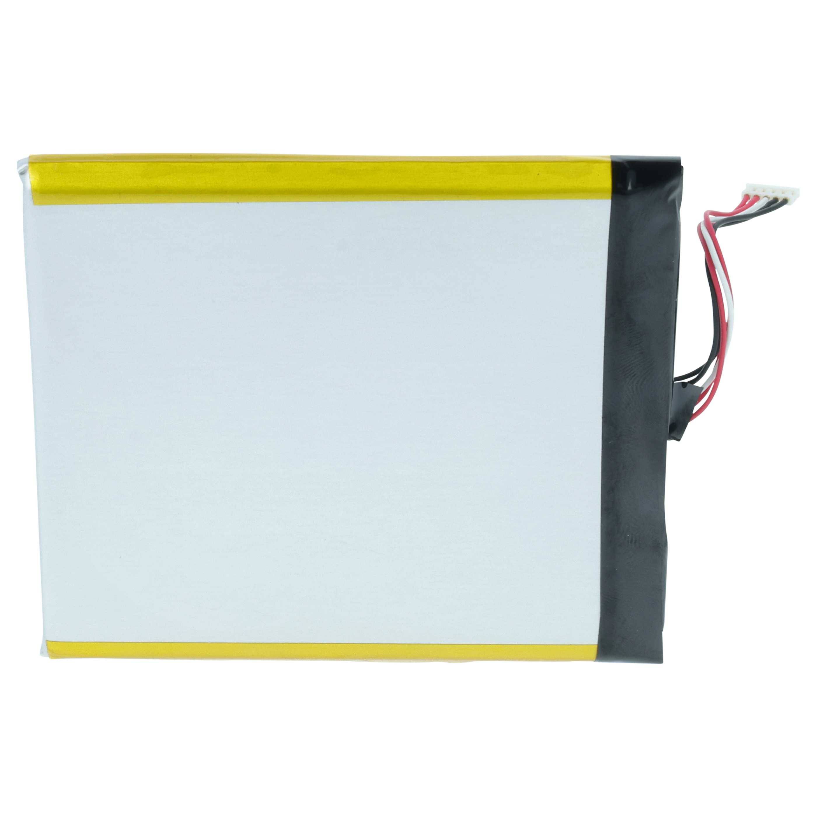 Eine rechteckige Lithium-Polymer-Batterie mit gelben und schwarzen Kanten und Anschlusskabeln an der Seite.