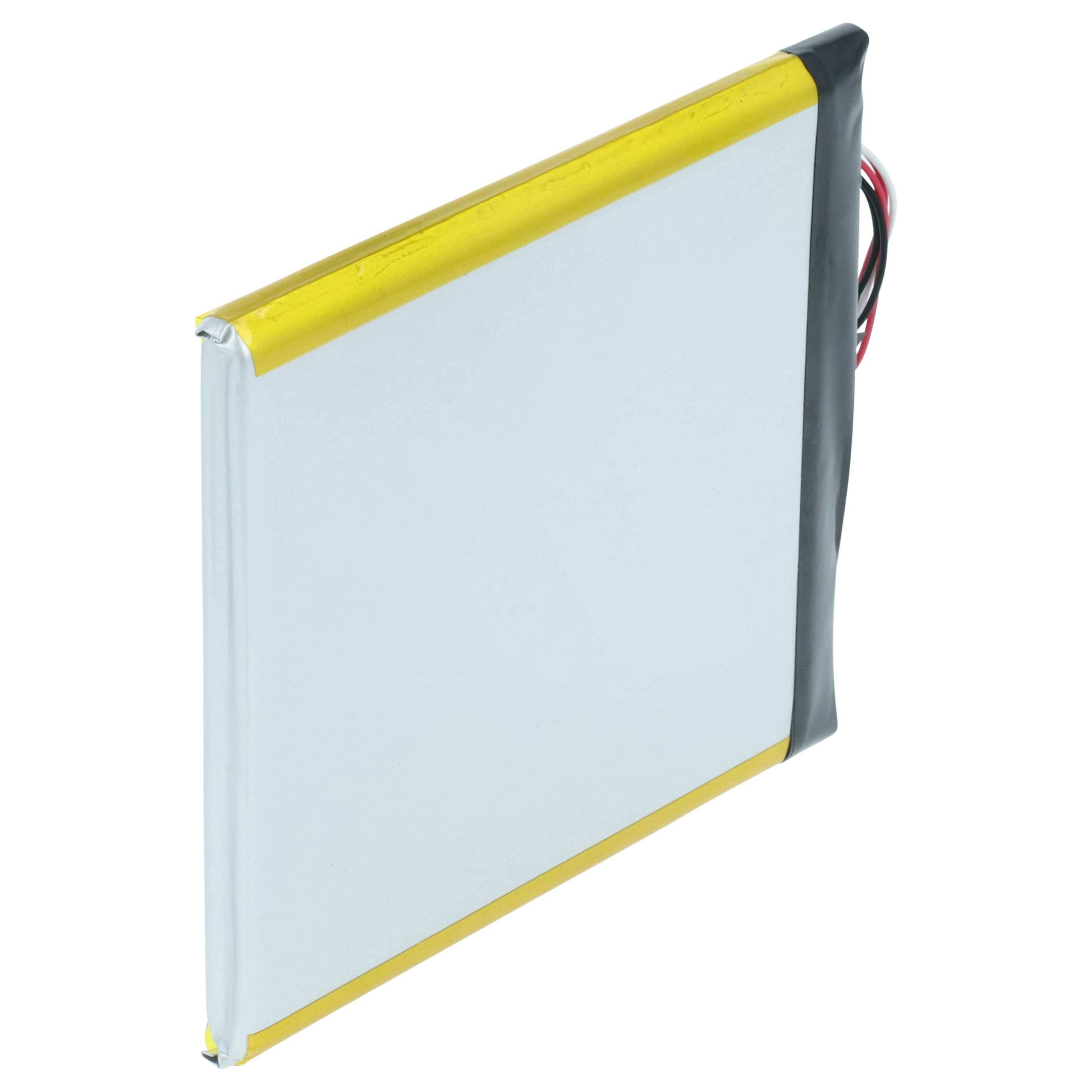 Eine dünne, rechteckige Lithium-Polymer-Batterie mit einem gelb-silbernen Gehäuse, an deren einem Ende zwei Drähte herausragen.