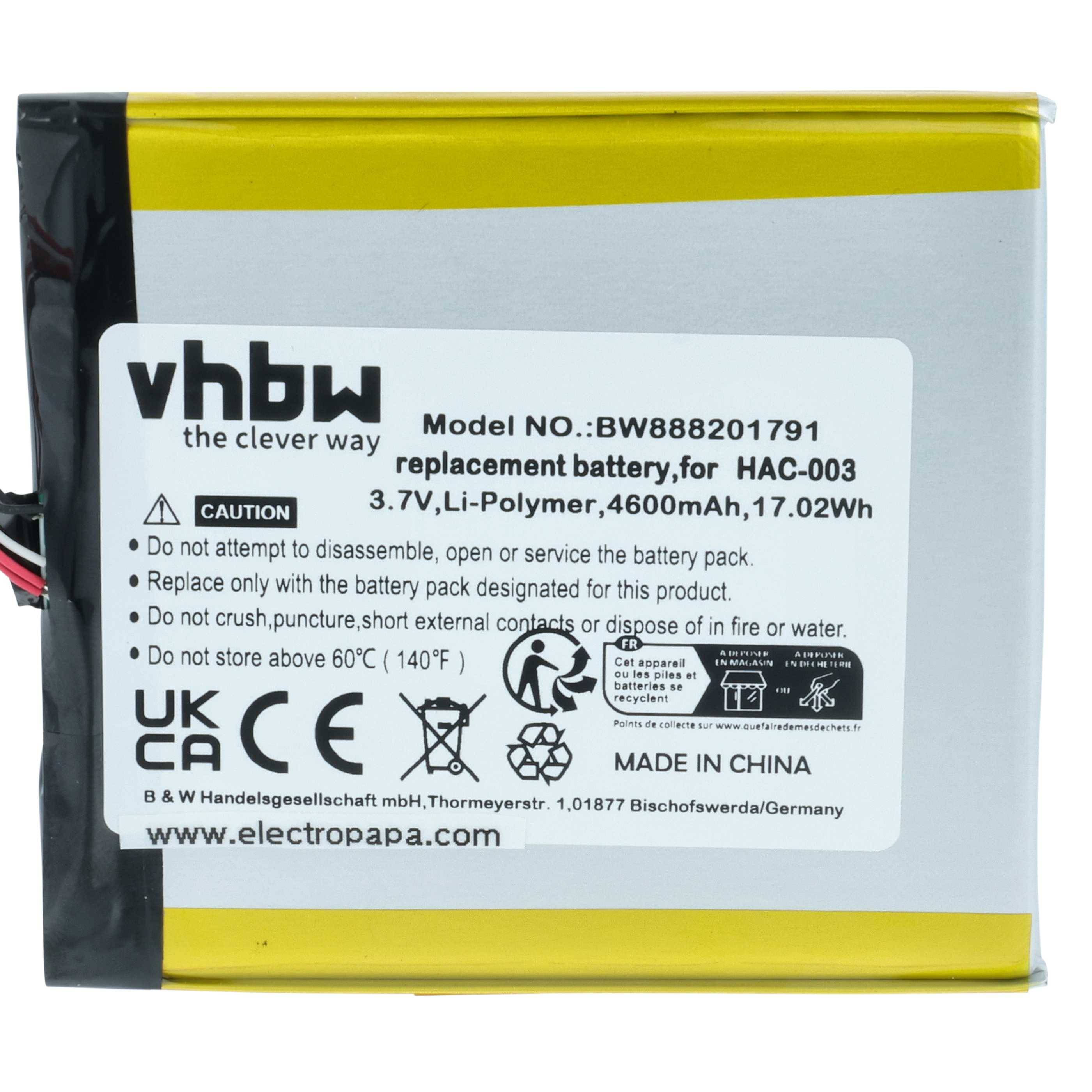 vhbw' Ersatzakku, Modell BW888201791, 3,7V, Li-Polymer, 4600mAh, 17,02Wh, geeignet für HAC-003. Made in China, mit Vorsicht behandeln.