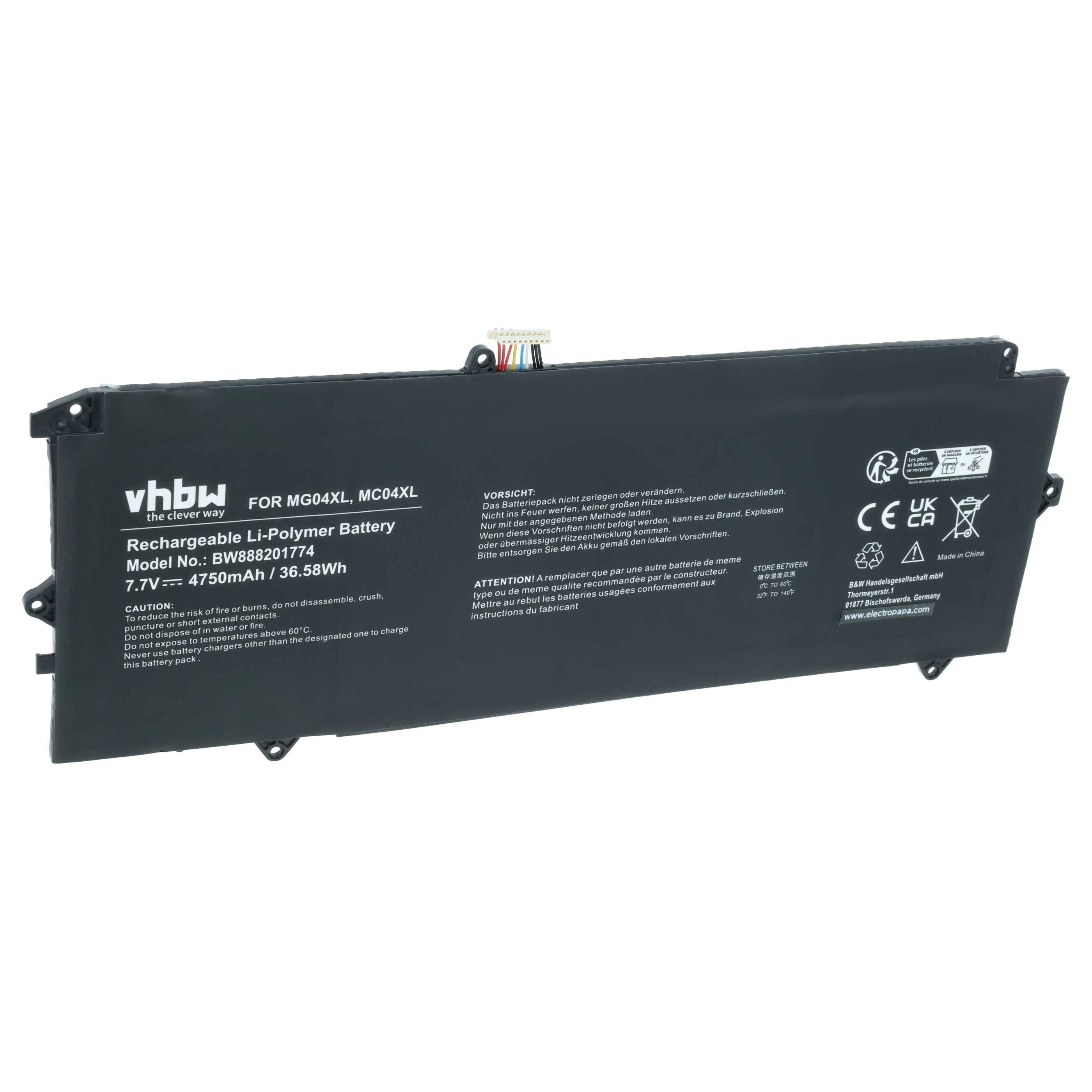 vhbw Akku kompatibel mit HP Elite x2 1012 G1-W0A88US, x2 1012 G1-W0B56US, x2 1012 G1-W0C04US Notebook (4750 mAh, 7,7 V, Li-Polymer)