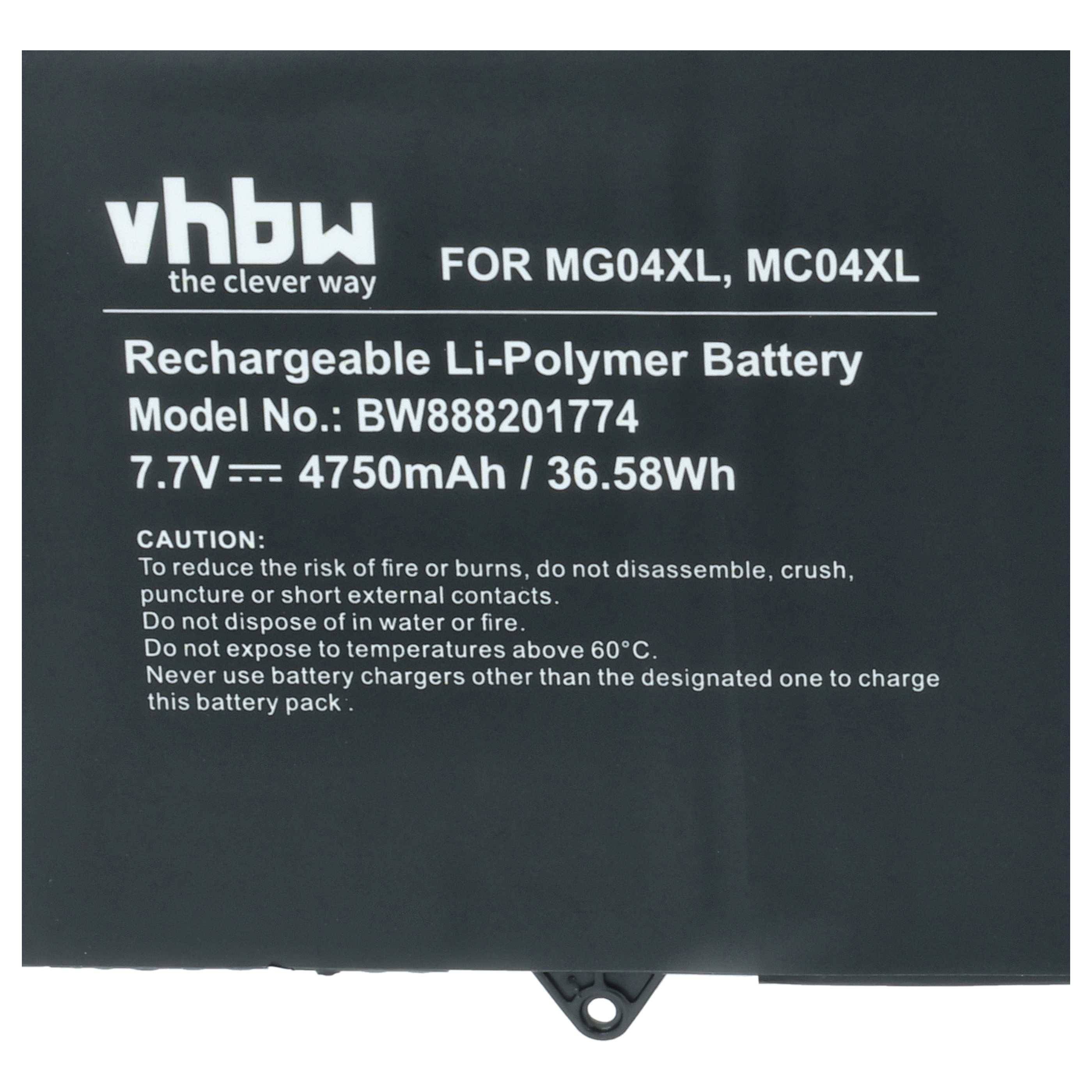 vhbw Akku kompatibel mit HP Elite x2 1012 G1-W8Q36PP, x2 1012 G1-W8T91US, x2 1012 G1-W9C57PA Notebook (4750 mAh, 7,7 V, Li-Polymer)