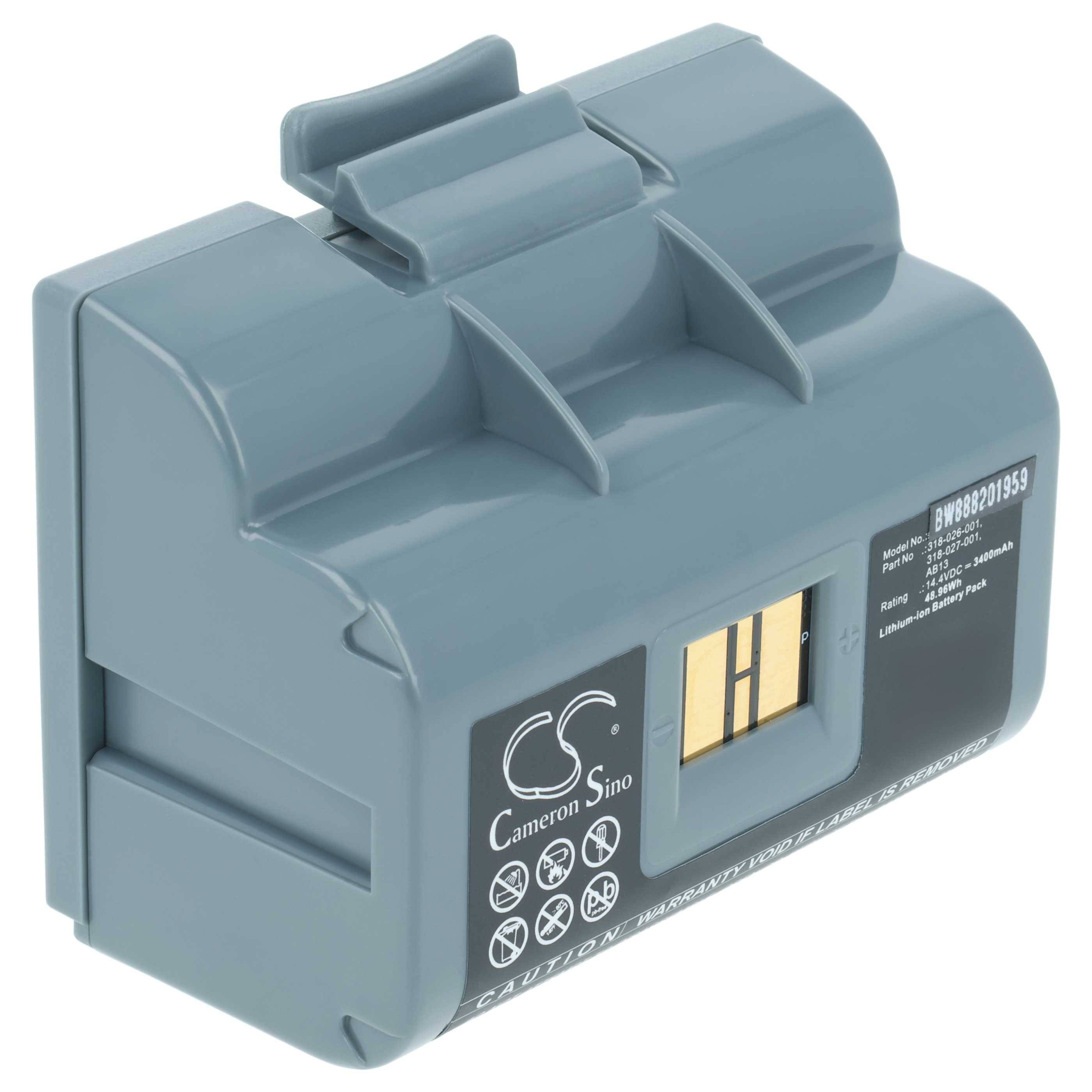 Grauer Batterieblock mit Etikett Cameron Sino, Modell BW868013959, mit Steckerstiften und Warnsymbolen für die Verwendung bei elektronischen Geräten.