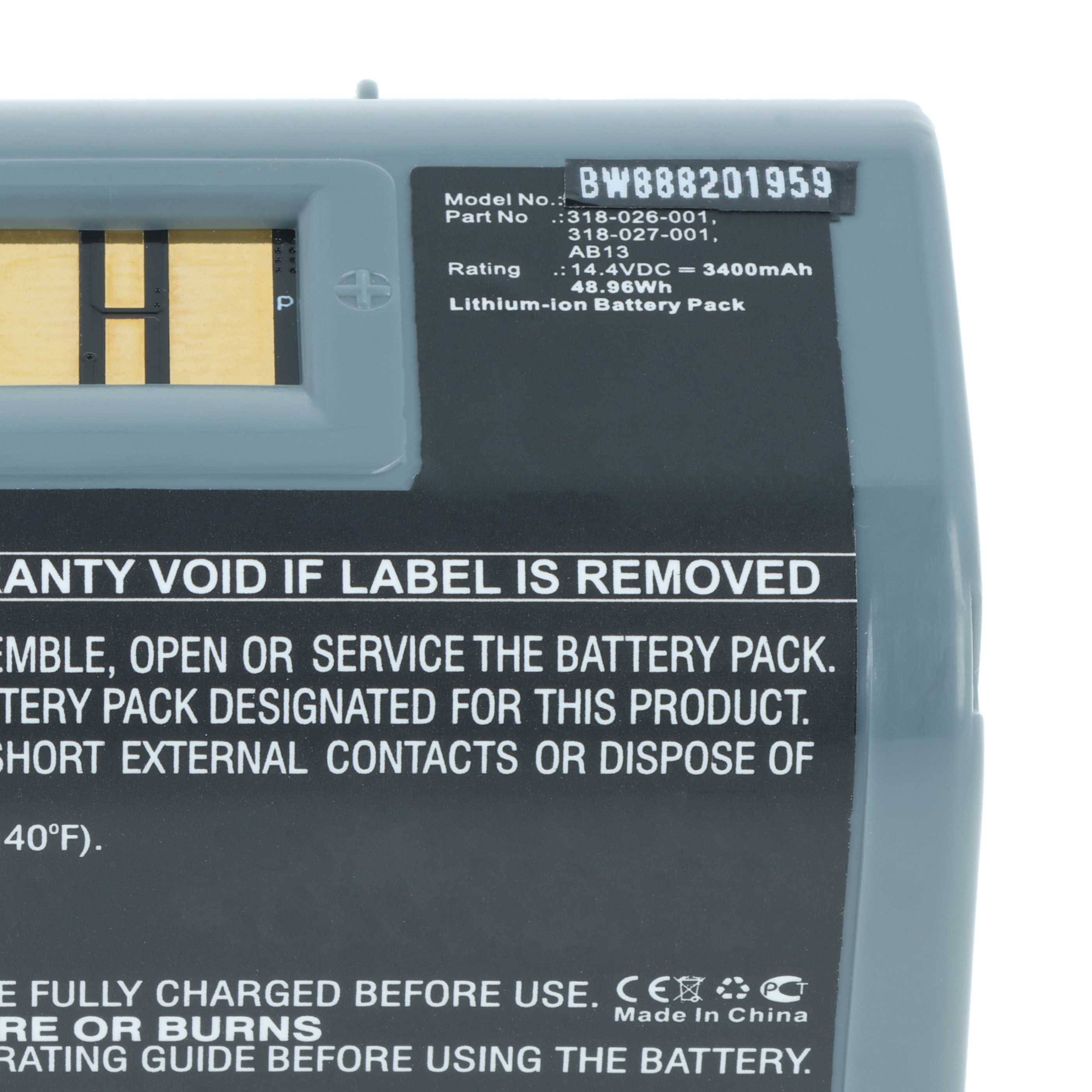 Akkupack mit Teilenummer 318-026-001, Nennleistung 14,8VDC, 8800mAh, Warntext „Gewährleistung verfällt, wenn das Etikett entfernt wird.