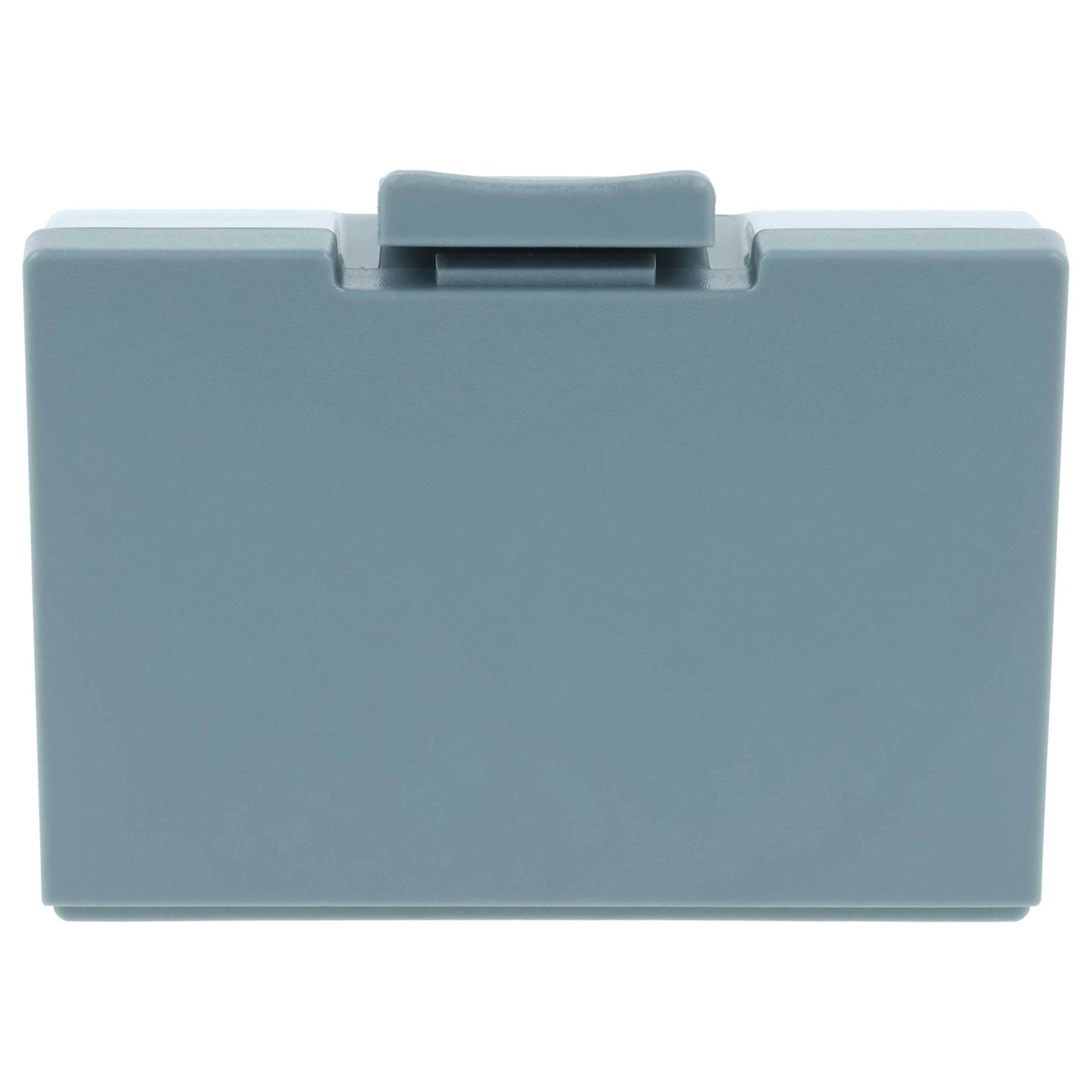 Ein kleiner, rechteckiger blaugrauer Kunststoffbehälter mit geschlossenem Deckel.