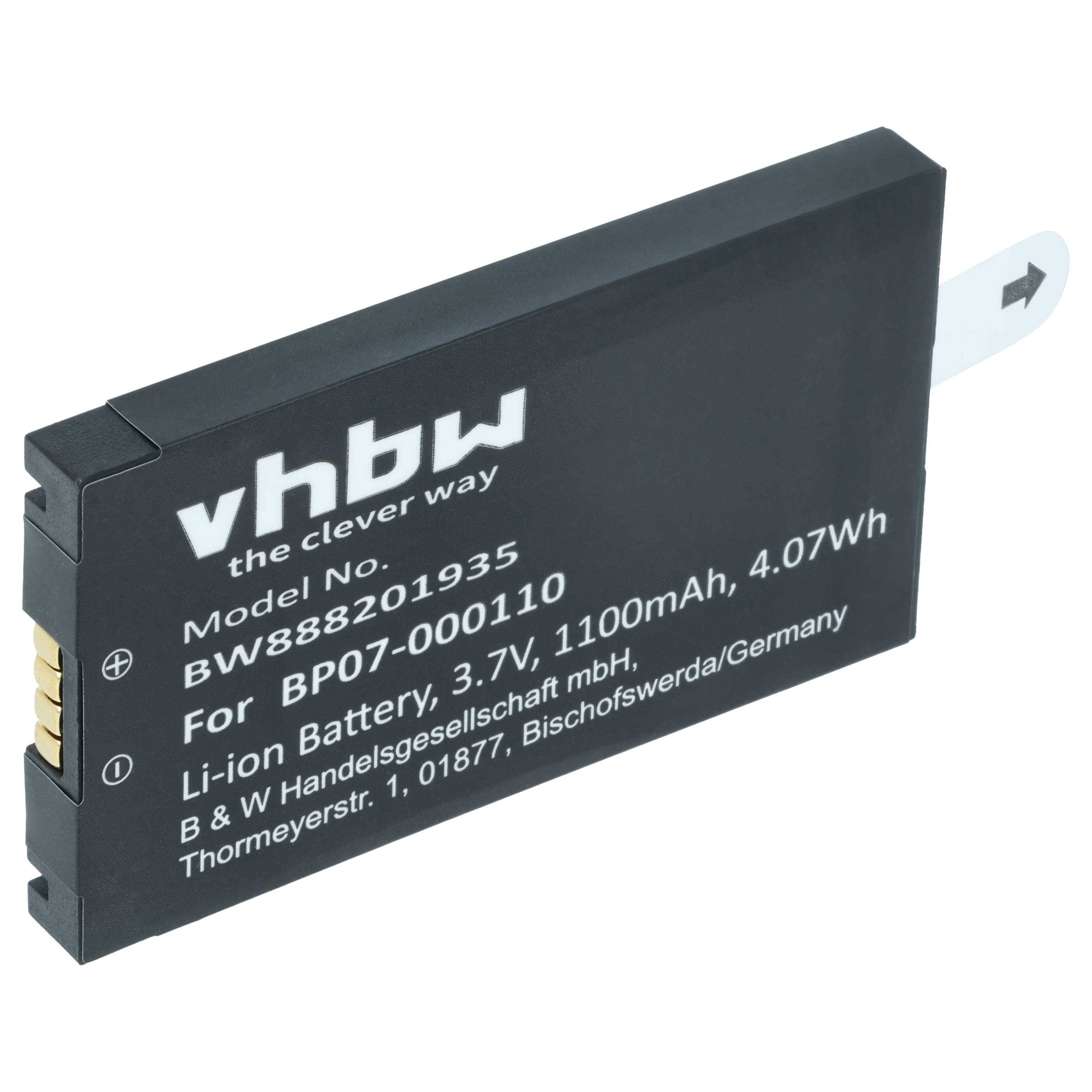 vhbw' Lithium-Ionen-Akku mit folgenden Spezifikationen: Modell-Nr. BW888201935, 3,7V, 1100mAh, 4,07Wh, von B & W Handelsgesellschaft mbH, Deutschland.
