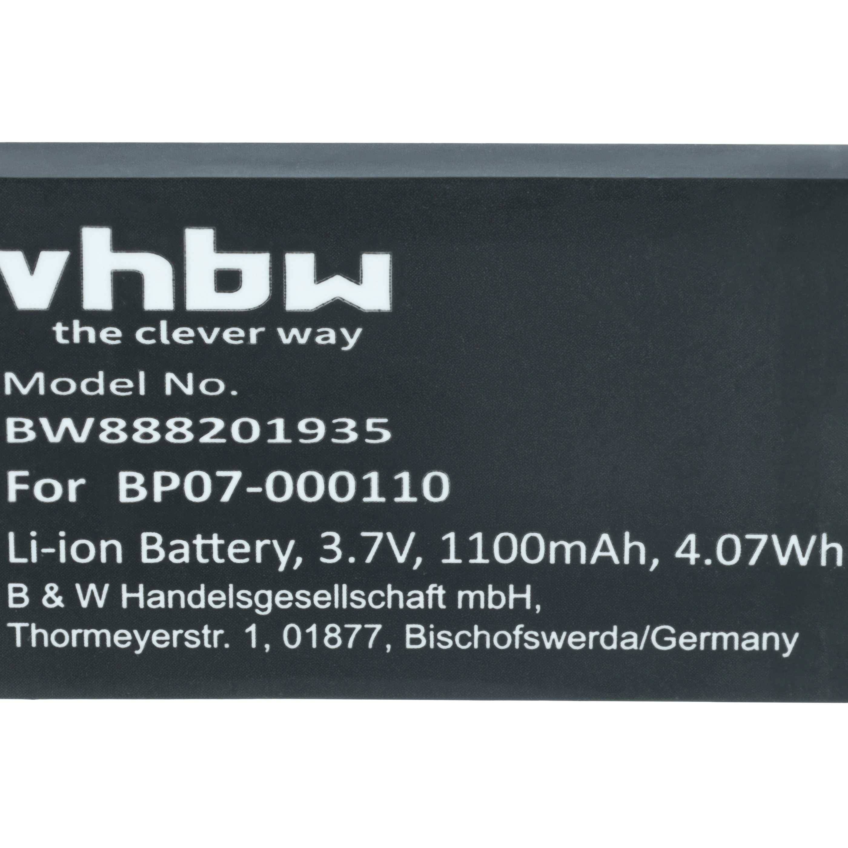 Batterieaufkleber zeigt: vhbw, der clevere Weg. Modell-Nr.: BW888201935. Für BP07-000110. Li-Ion-Akku, 3,7V, 1100mAh, 4,07Wh. B & W Handelsgesellschaft mbH, Thormeyerstr. 1, 01877, Bischofswerda/Deutschland.
