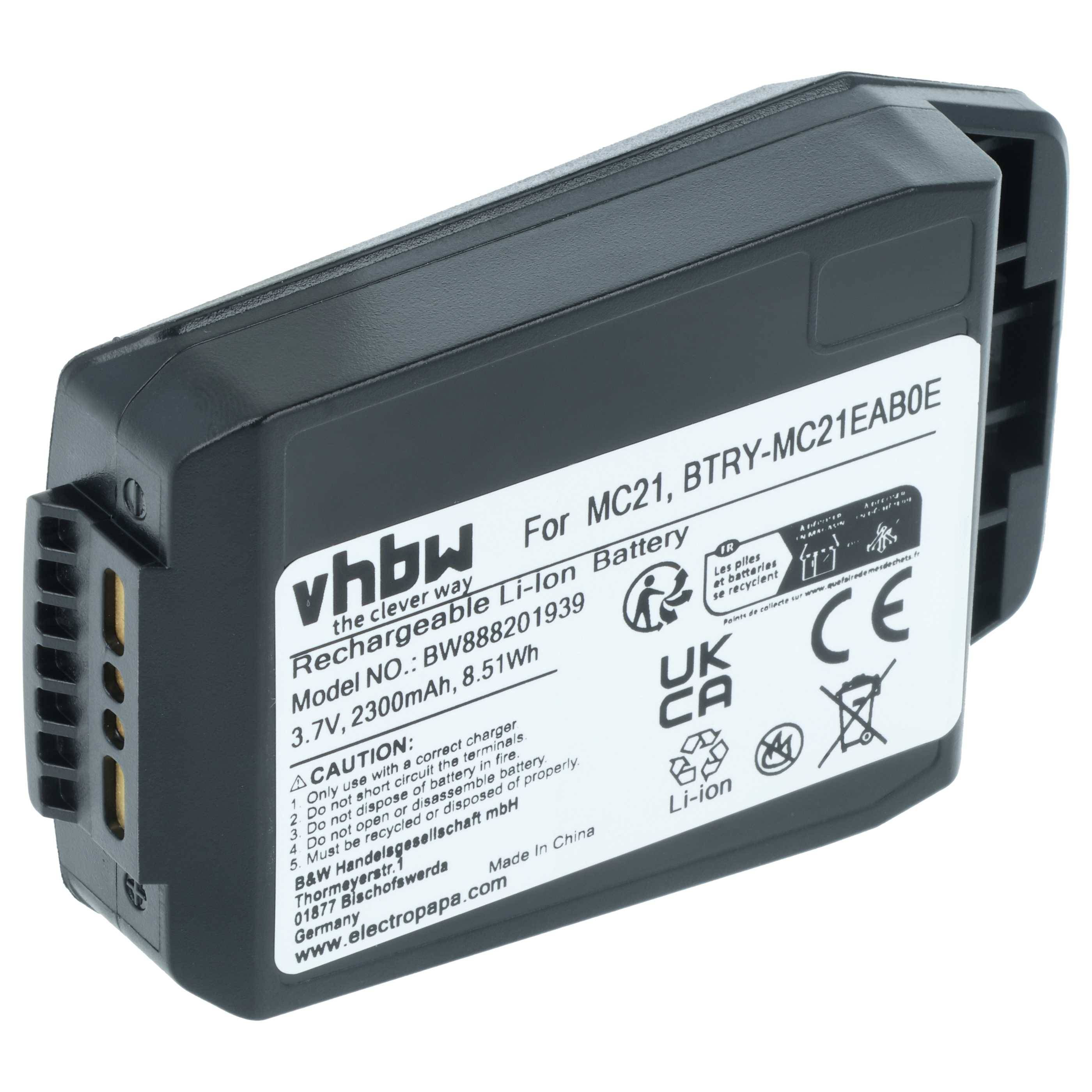 Schwarzer vhbw Lithium-Ionen-Akku für MC21-Kamera, Modellnummer BWB882801939, 3,7V, 2300mAh, 8,51Wh, mit Sicherheitshinweisen.