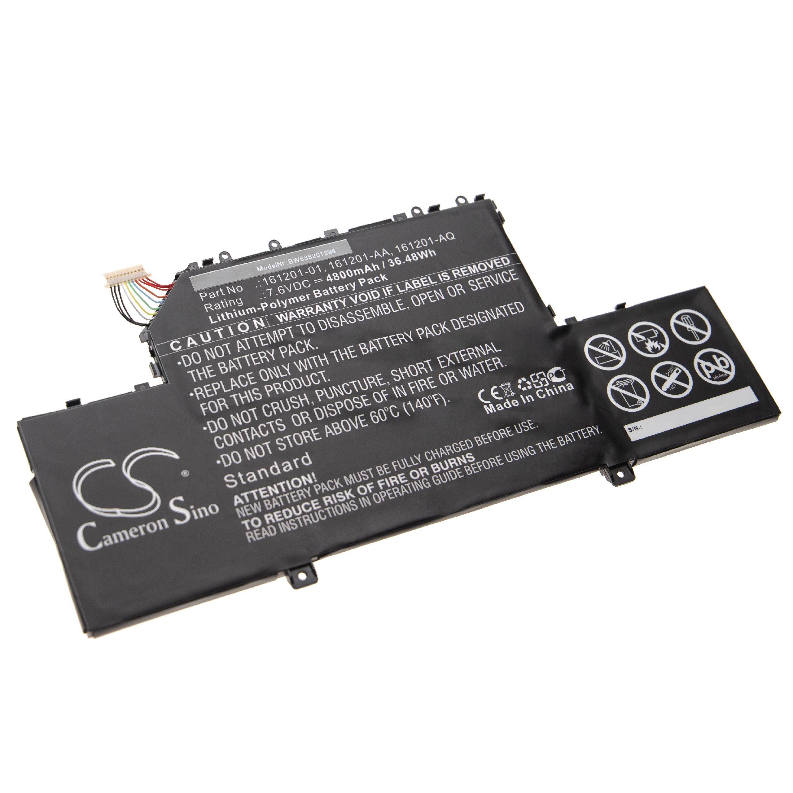 Eine Lithium-Ionen-Laptop-Batterie mit aufgedruckten Vorsichtsanweisungen und Recycling-Symbolen.