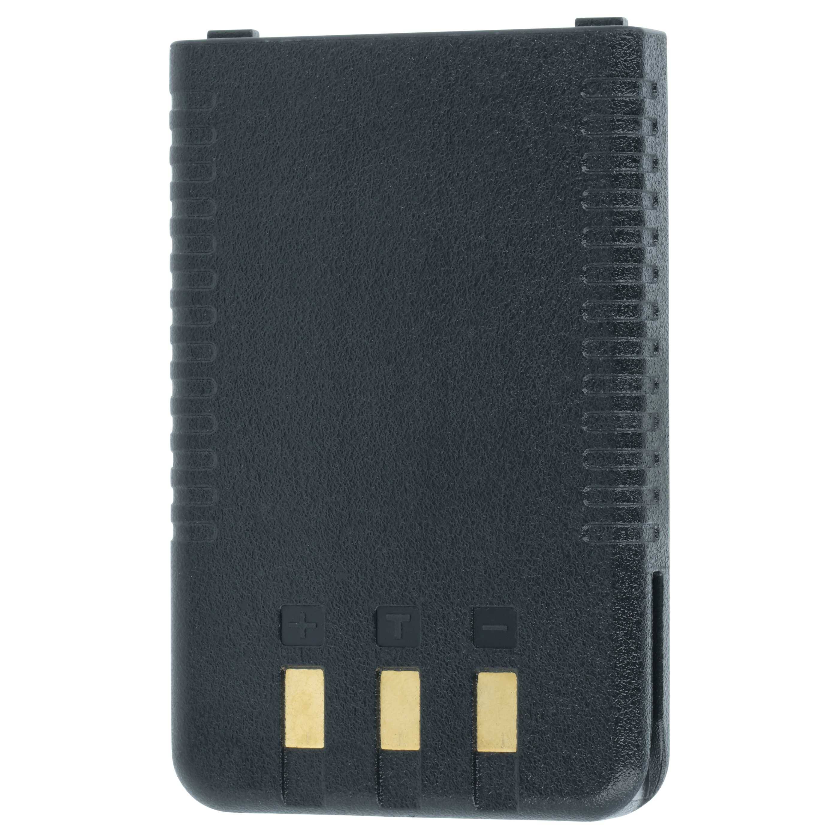 Ein schwarzer Zweiwege-Funkgerät-Akkupack mit drei goldfarben Kontaktpunkten an der Unterseite, konzipiert für tragbare Kommunikationsgeräte.