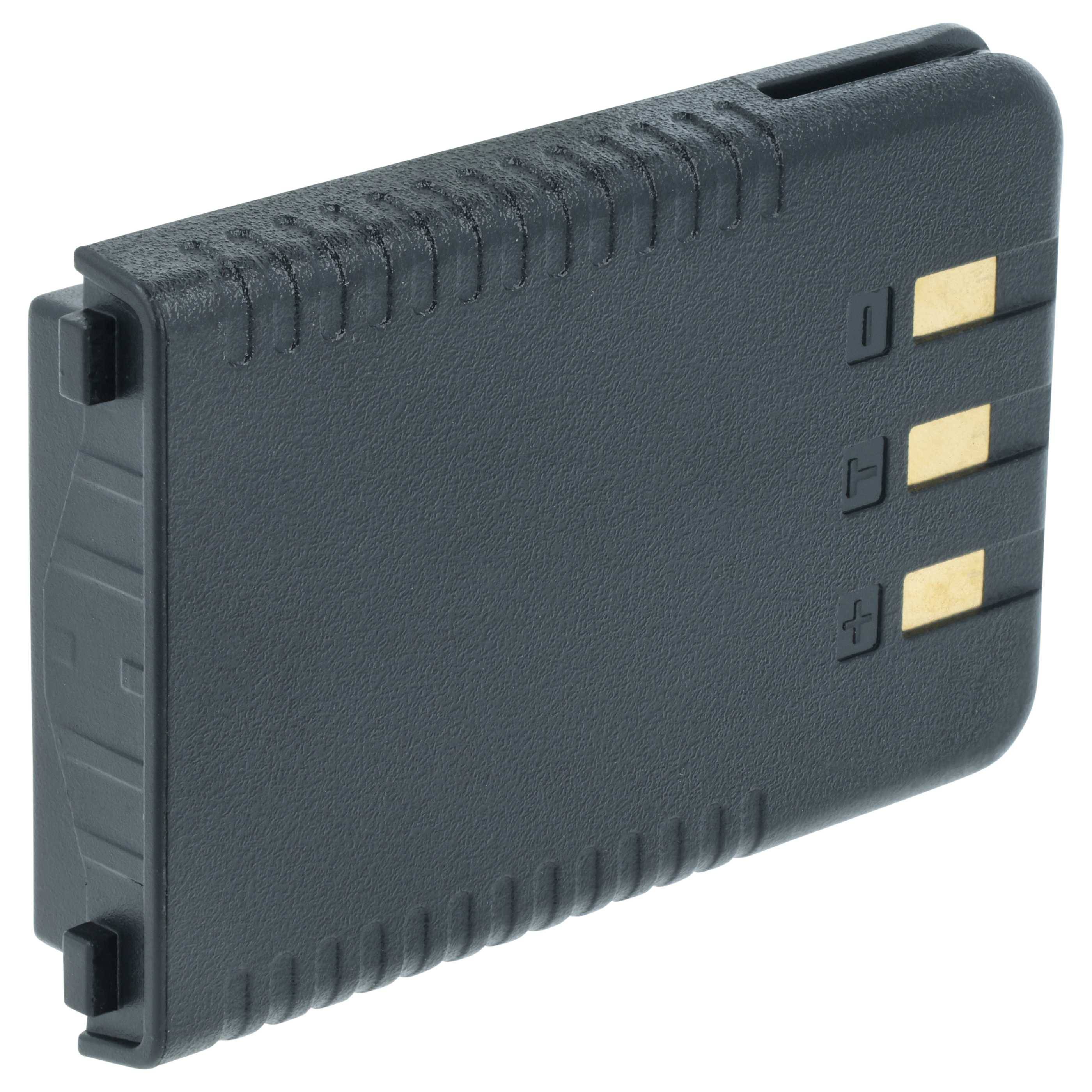 Eine schwarze wiederaufladbare Batterie mit goldenen Kontakten, möglicherweise für elektronische Geräte oder Kameras verwendet. Vertikale Rillen sind auf dem Gehäuse sichtbar.