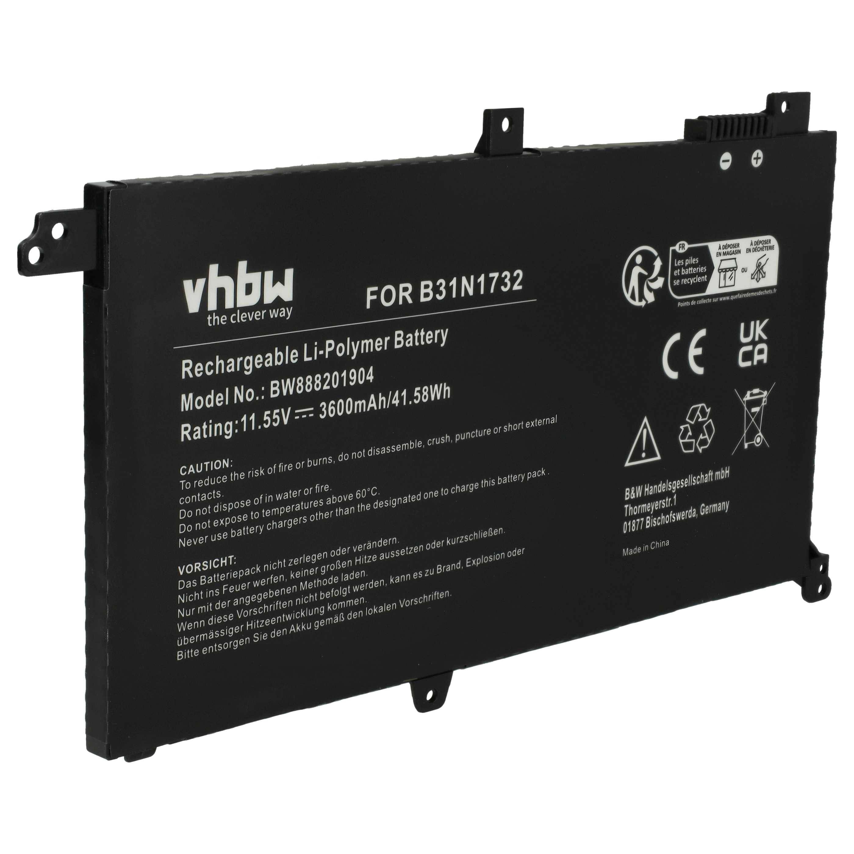 vhbw Akku kompatibel mit Asus VivoBook S14 S430UF-EB012T, S14 S430UF-EB011T, S14 S430UFEB012T Notebook (3600 mAh, 11,55 V, Li-Ion)