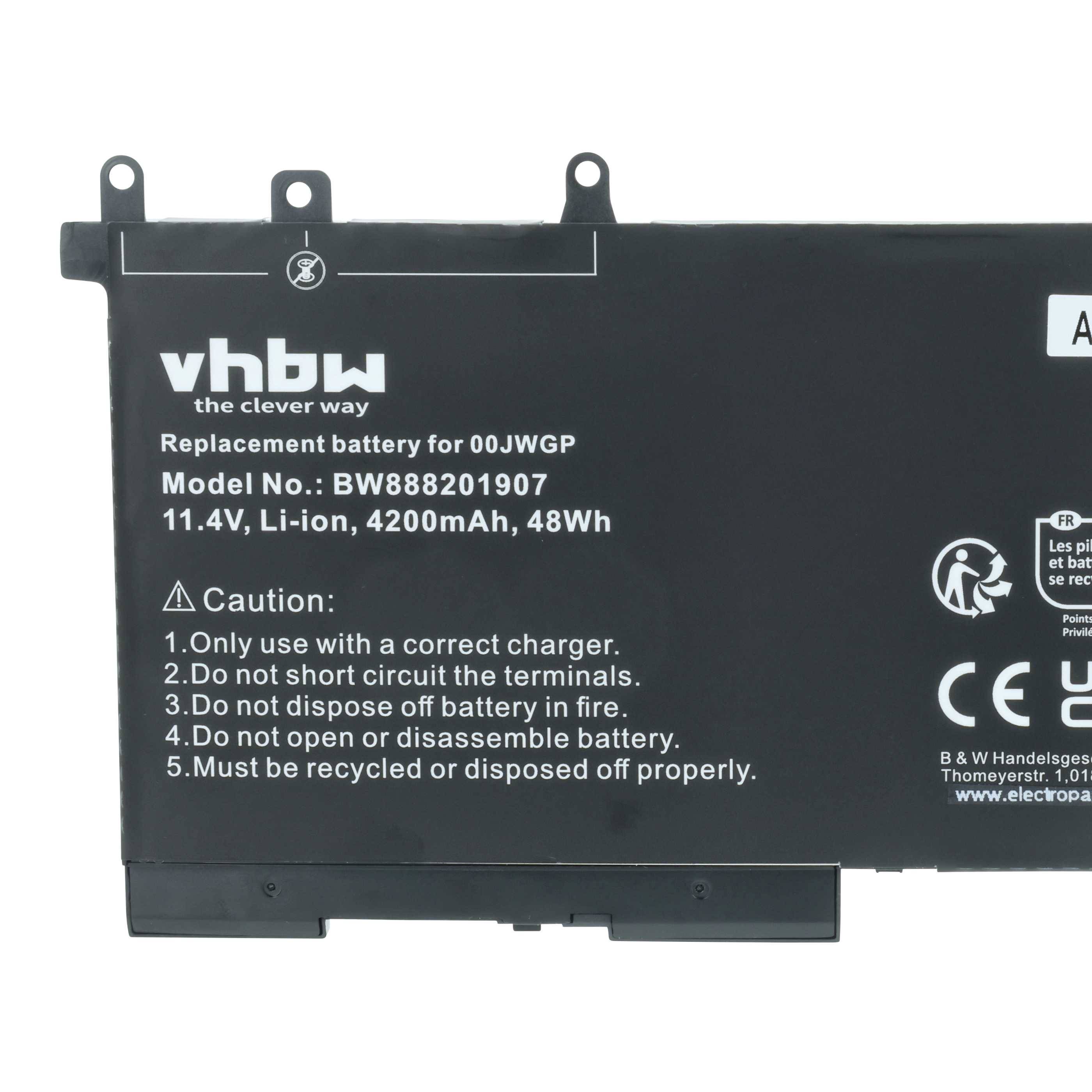 Laptop-Akku mit Aufschrift 'vhbw Modell-Nr.: BW888201907, 11,4V, Li-Ion, 4200mAh, 48Wh'. Enthält Sicherheits- und Entsorgungshinweise.
