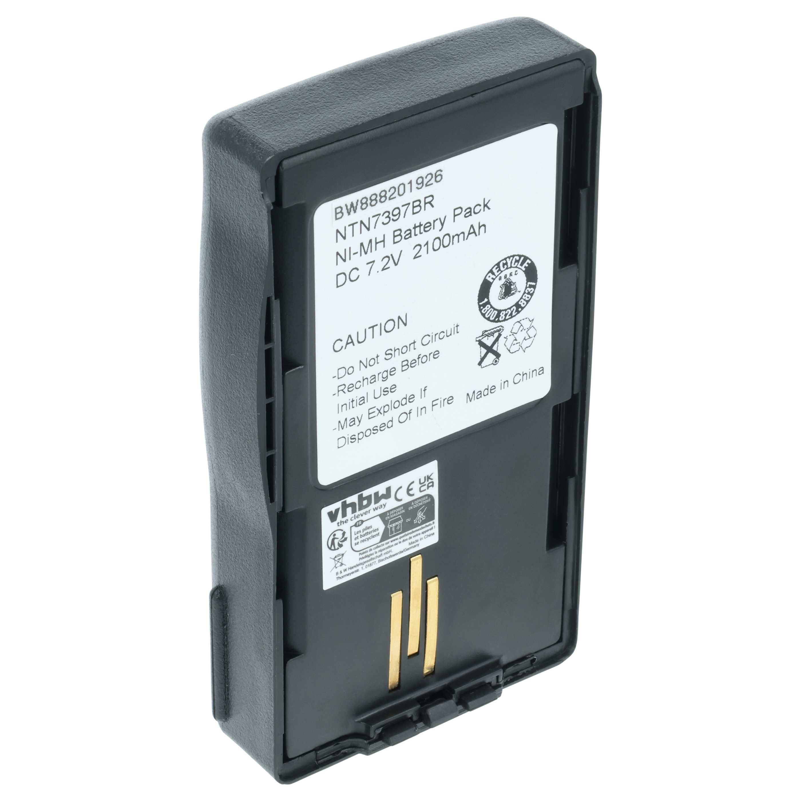 Ein schwarzer NiMH-Akkupack mit der Bezeichnung 'NTN7397BR' und einer Kapazität von 2100mAh. Er enthält Warnhinweise zu Kurzschluss und Entsorgung.