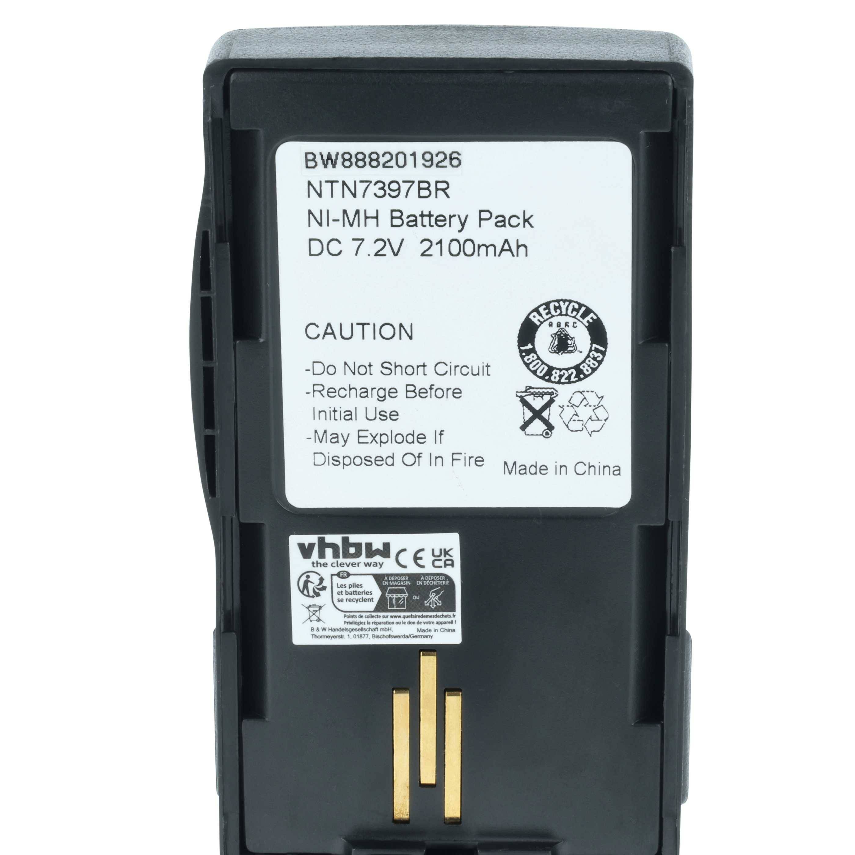 Ein wiederaufladbarer Akkupack mit der Kennzeichnung 'NTN7389BR NI-MH 7.2V 2100mAh' mit Sicherheitswarnhinweisen zum Vermeiden von Kurzschlüssen und zur sicheren Entsorgung.