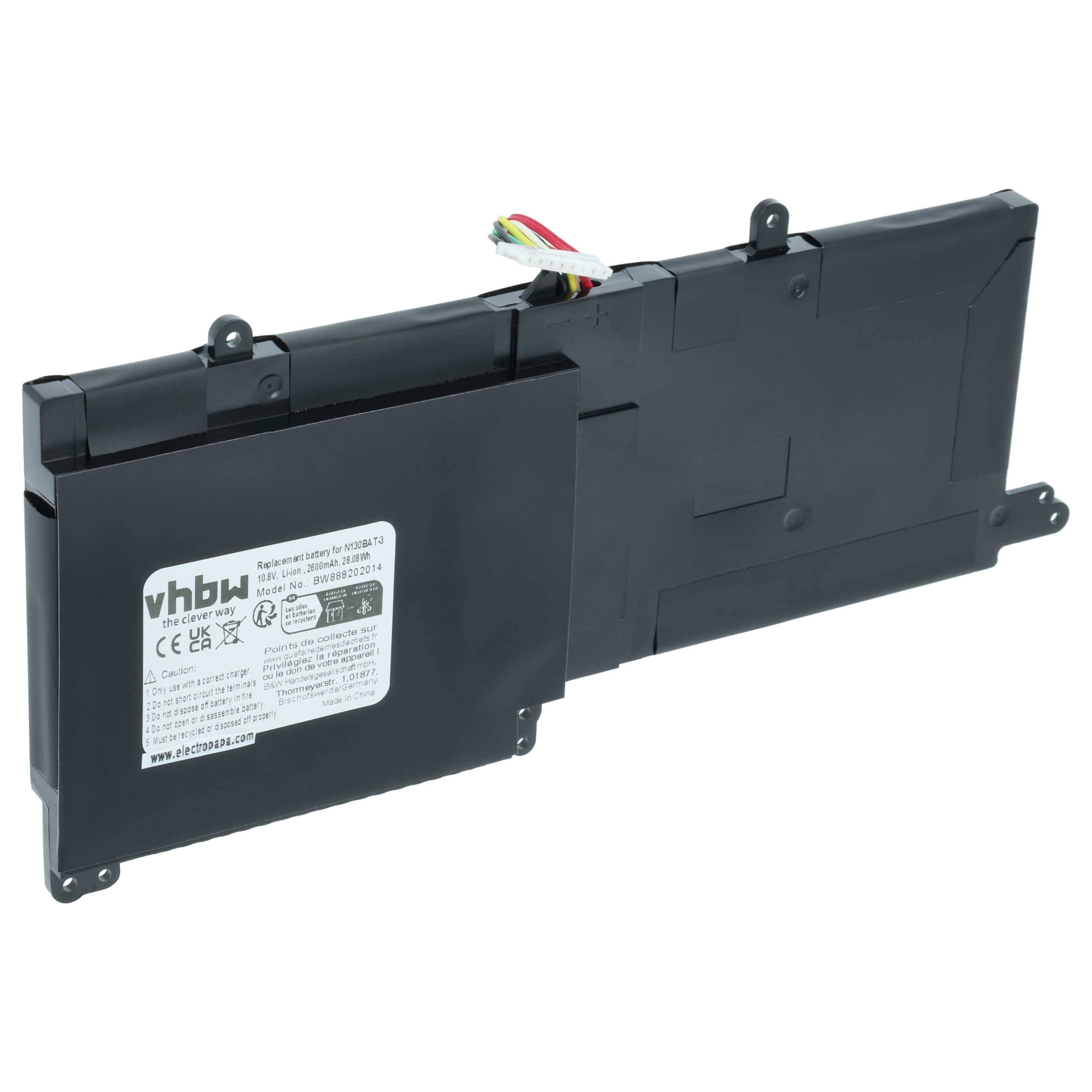 vhbw Akku Ersatz für Clevo 6-87-N130S-3U9, 3ICP5/62/72, N130BAT-3, 6-87-N130S-3U9A für Notebook (2600 mAh, 10,8 V, Li-Ion)