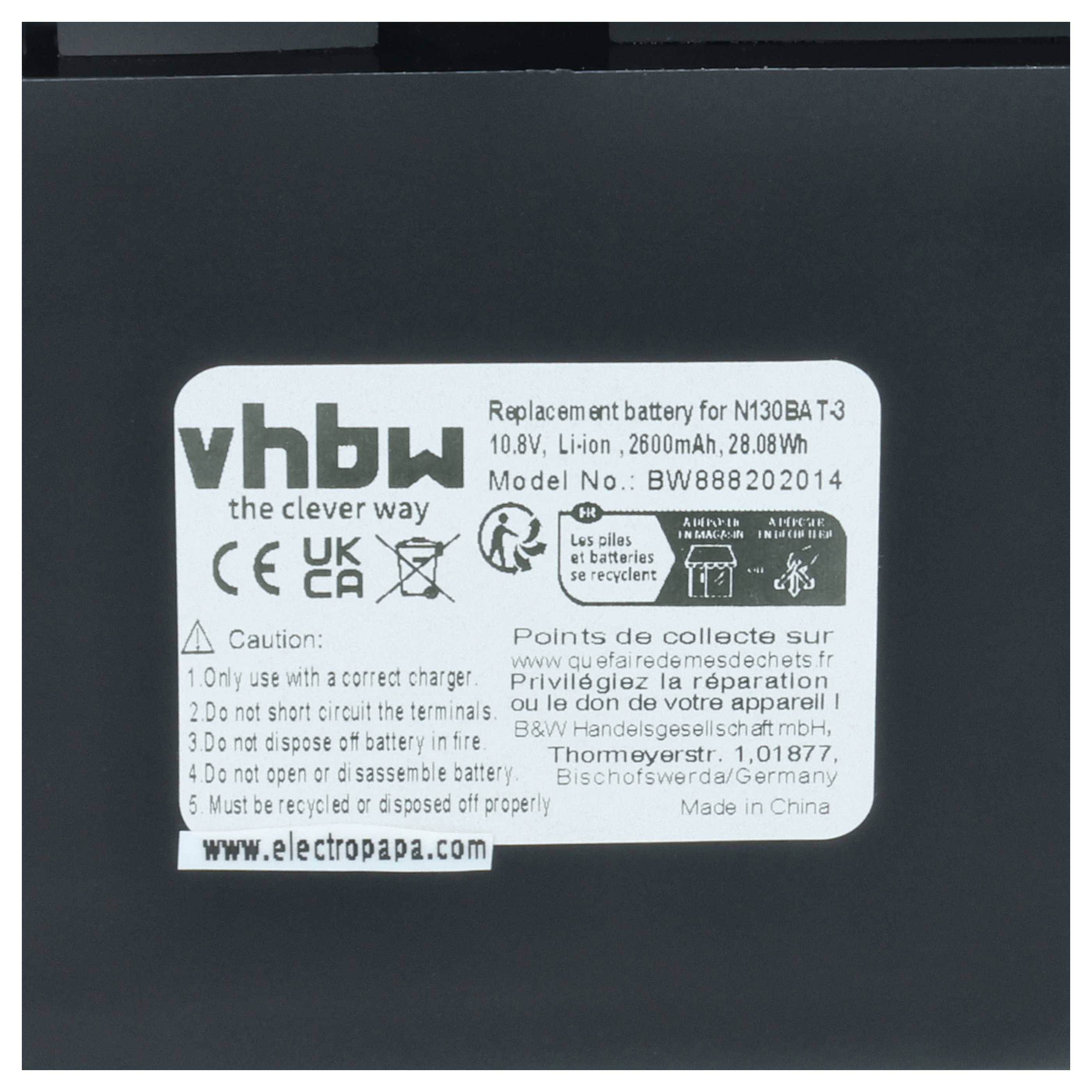 vhbw Akku kompatibel mit Clevo N130BU, N130WU, N131BU, N131WU, NP3130 Notebook (2600mAh, 10,8V, Li-Ion)