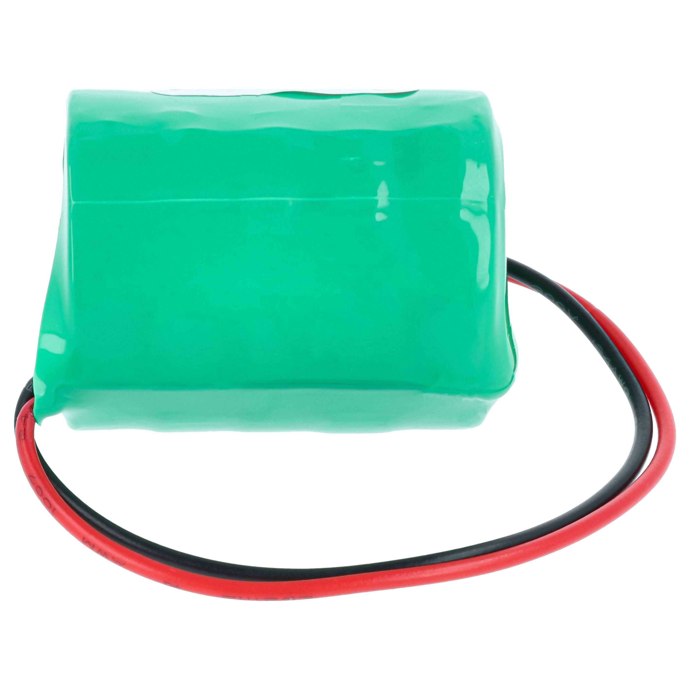 Ein grünes wiederaufladbares Batteriepack mit roten und schwarzen Drähten, die sich von einem Ende erstrecken.