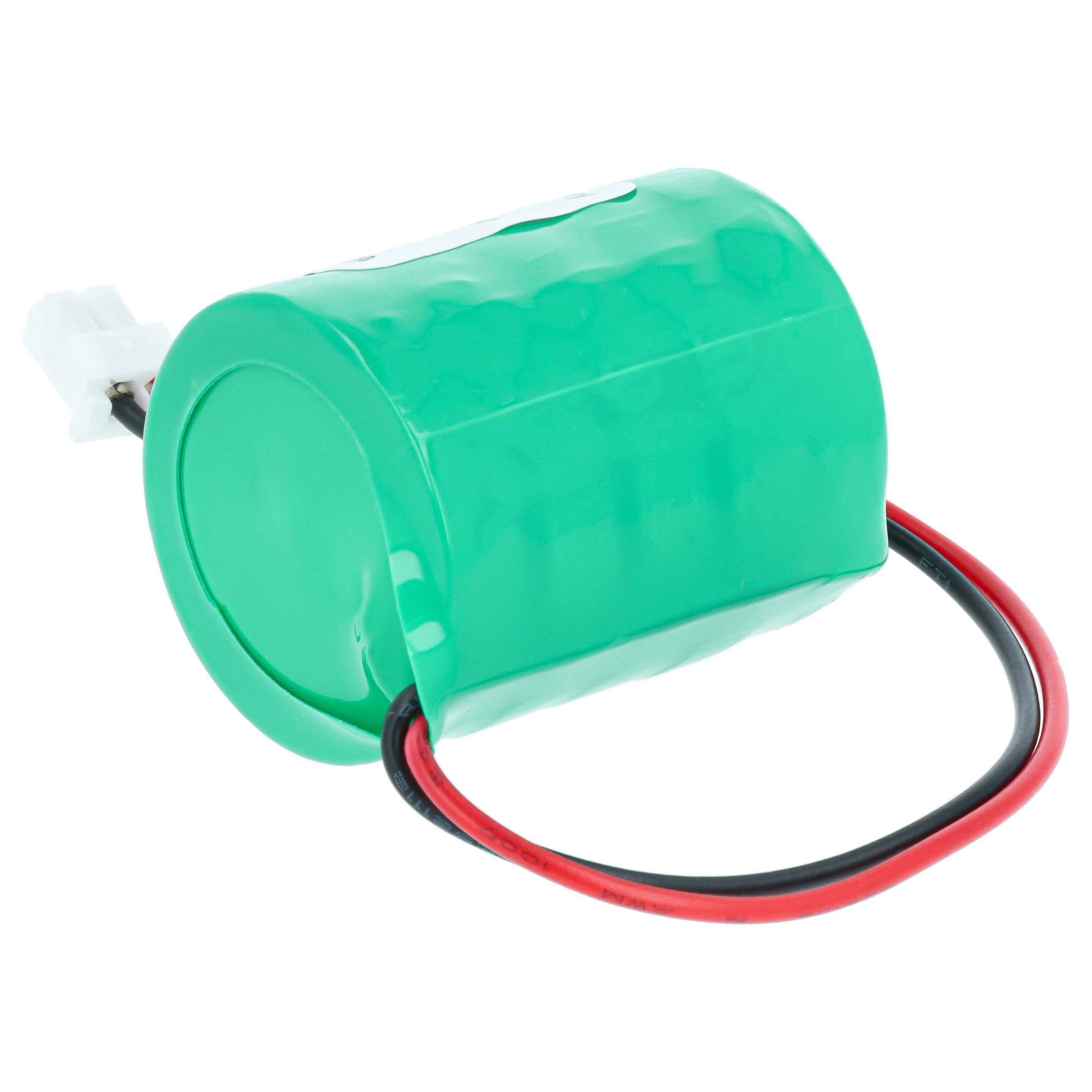 Grüne zylindrische Batterie mit angebrachten schwarzen und roten Drähten.