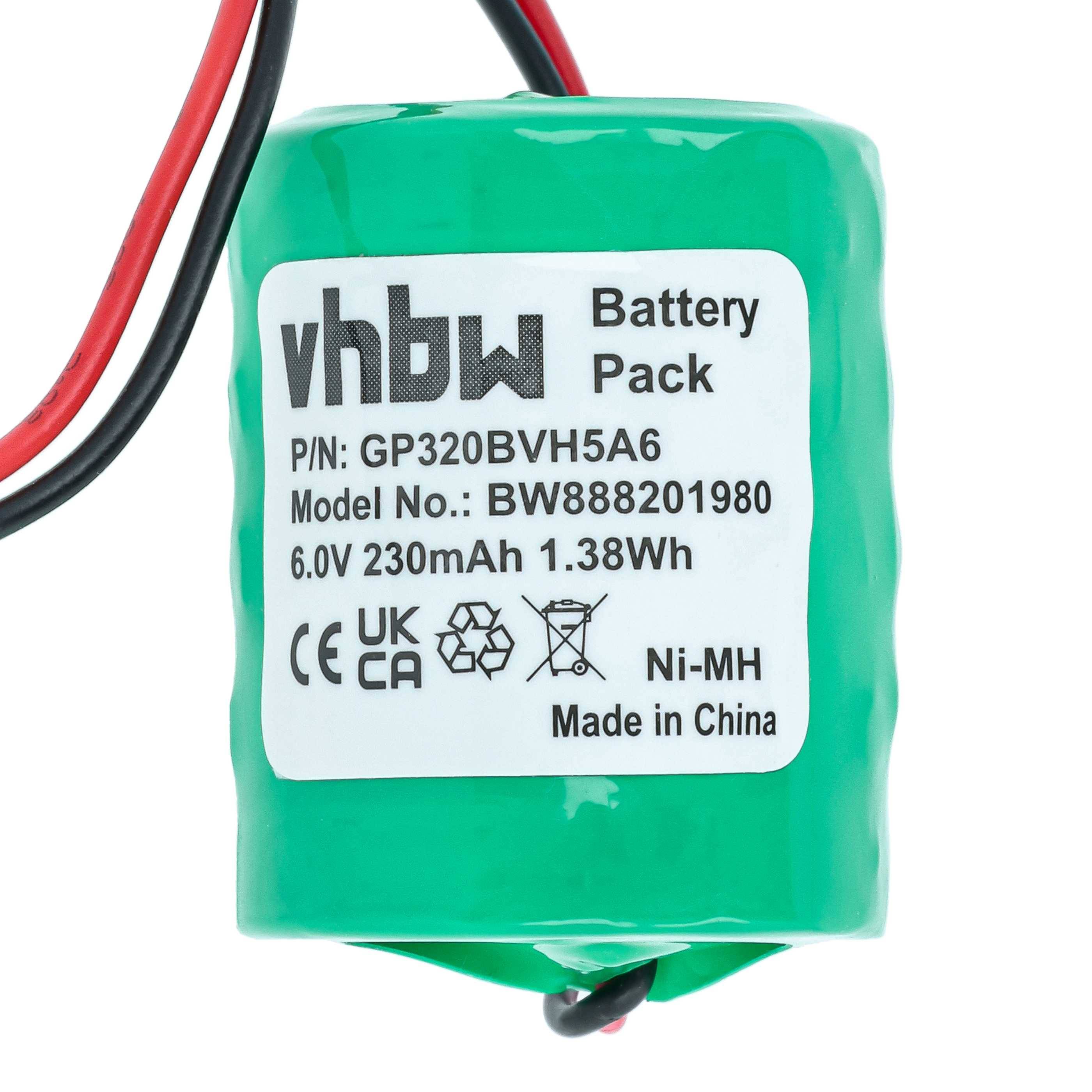 Ein grünes Ni-MH-Batteriepaket mit der Modellnummer GP320BVH5A6, 6,0V 230mAh, mit Drähten und Zertifizierungen, hergestellt in China.