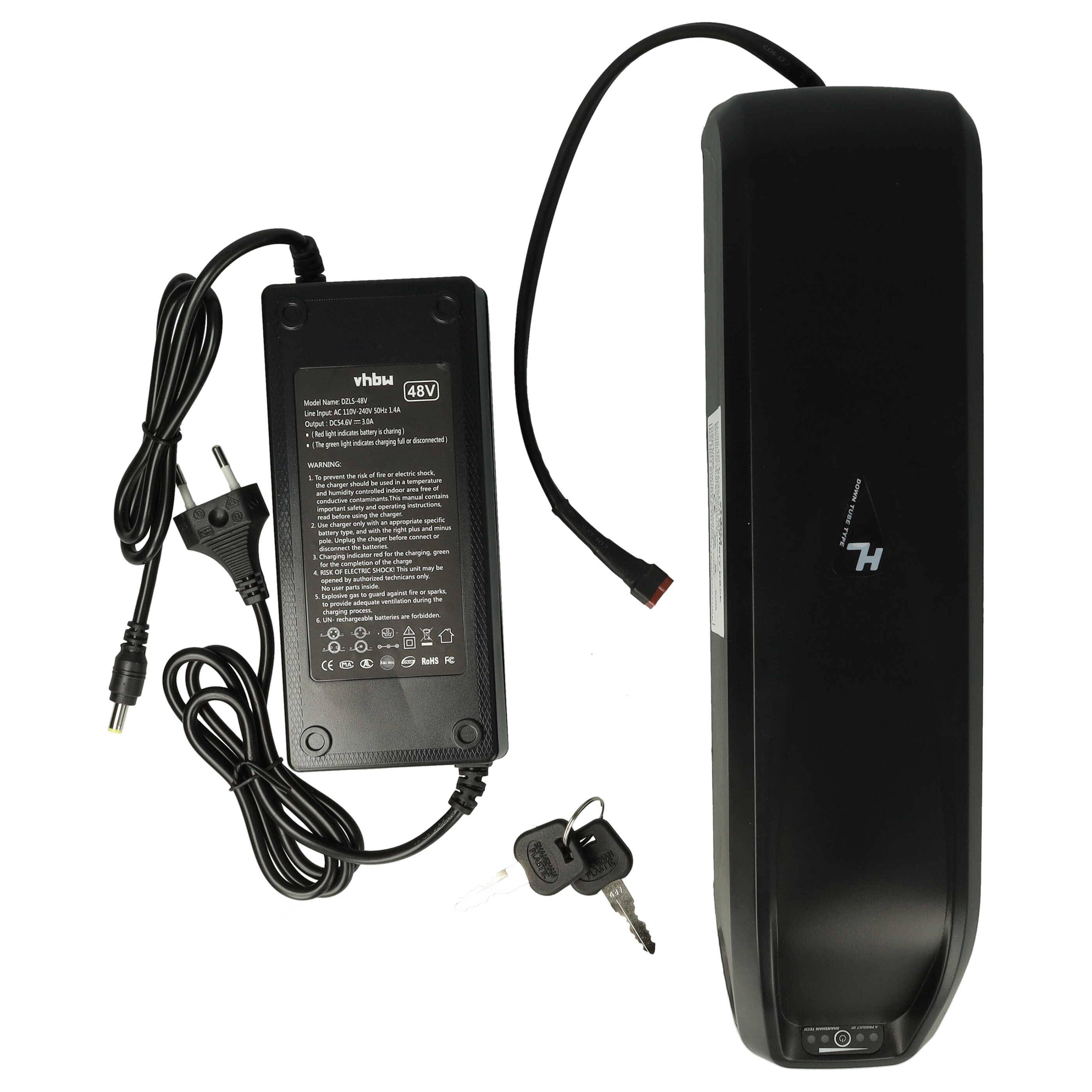 vhbw Unterrohrakku Akku kompatibel mit Bafang BBS01, E-Bikes und Pedelecs kompatibel mit Hailong Akkusystem - Inkl. Ladegerät (10,4 Ah, 48