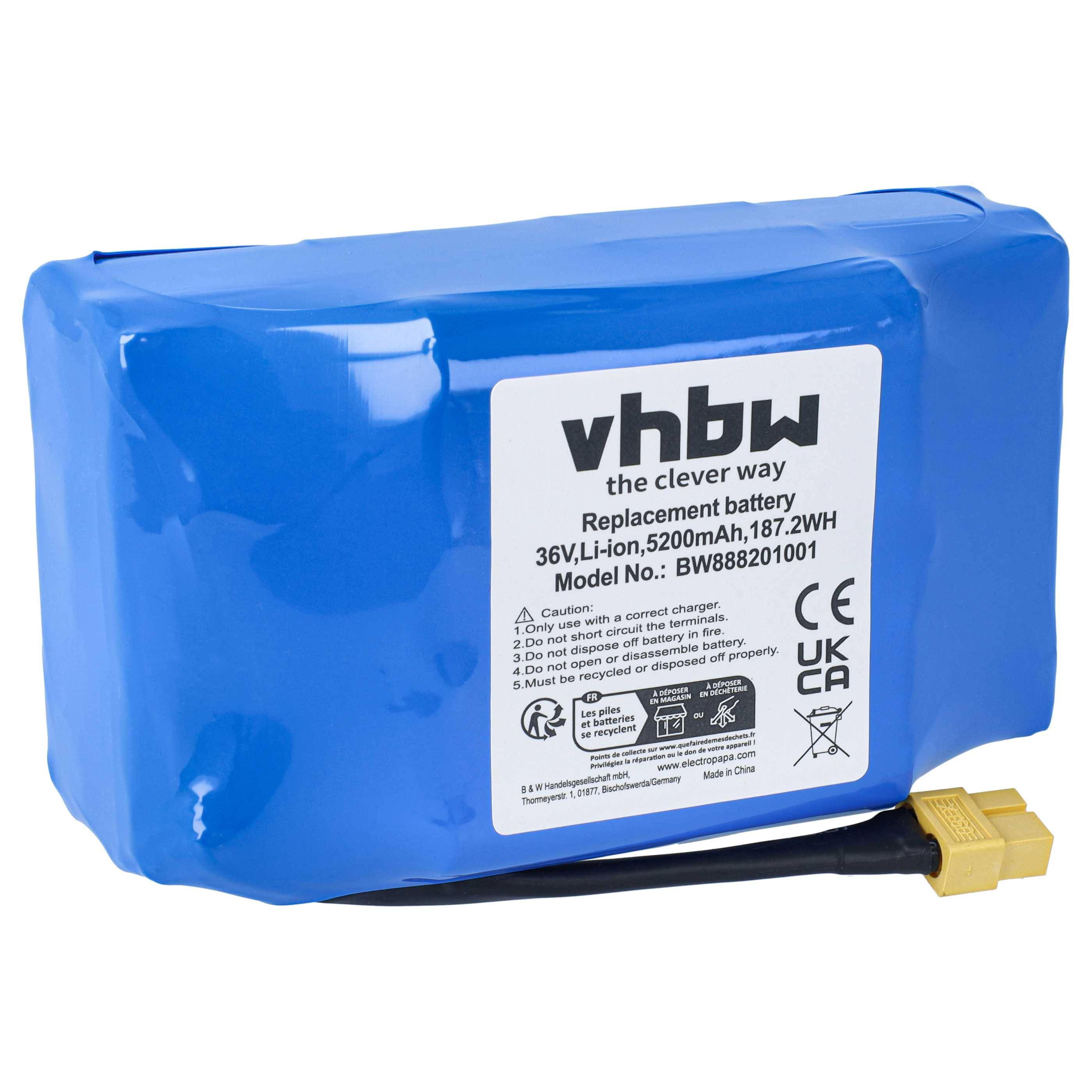 Blauer vhbw Ersatzakku mit angebrachtem gelbem Stecker und Etikett mit Angabe 36V, 5200mAh, 187,2Wh Modell BW88201001.