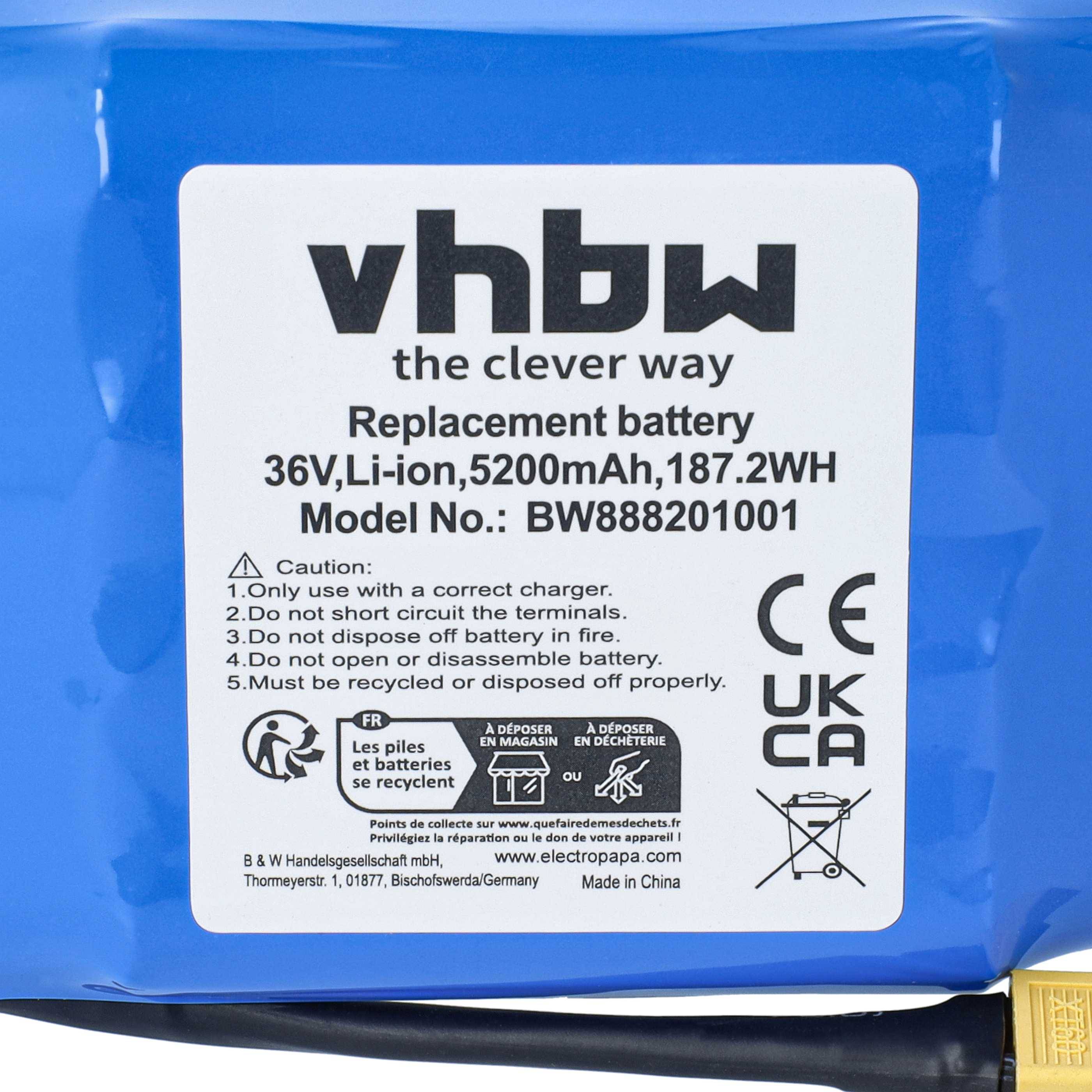 Blau verpackter Ersatzakku mit der Bezeichnung „vhbw" mit den Spezifikationen: 36V Li-Ion, 5200mAh, 187,2Wh, Modell BW888201001, plus Sicherheits- und Recycling-Symbole.