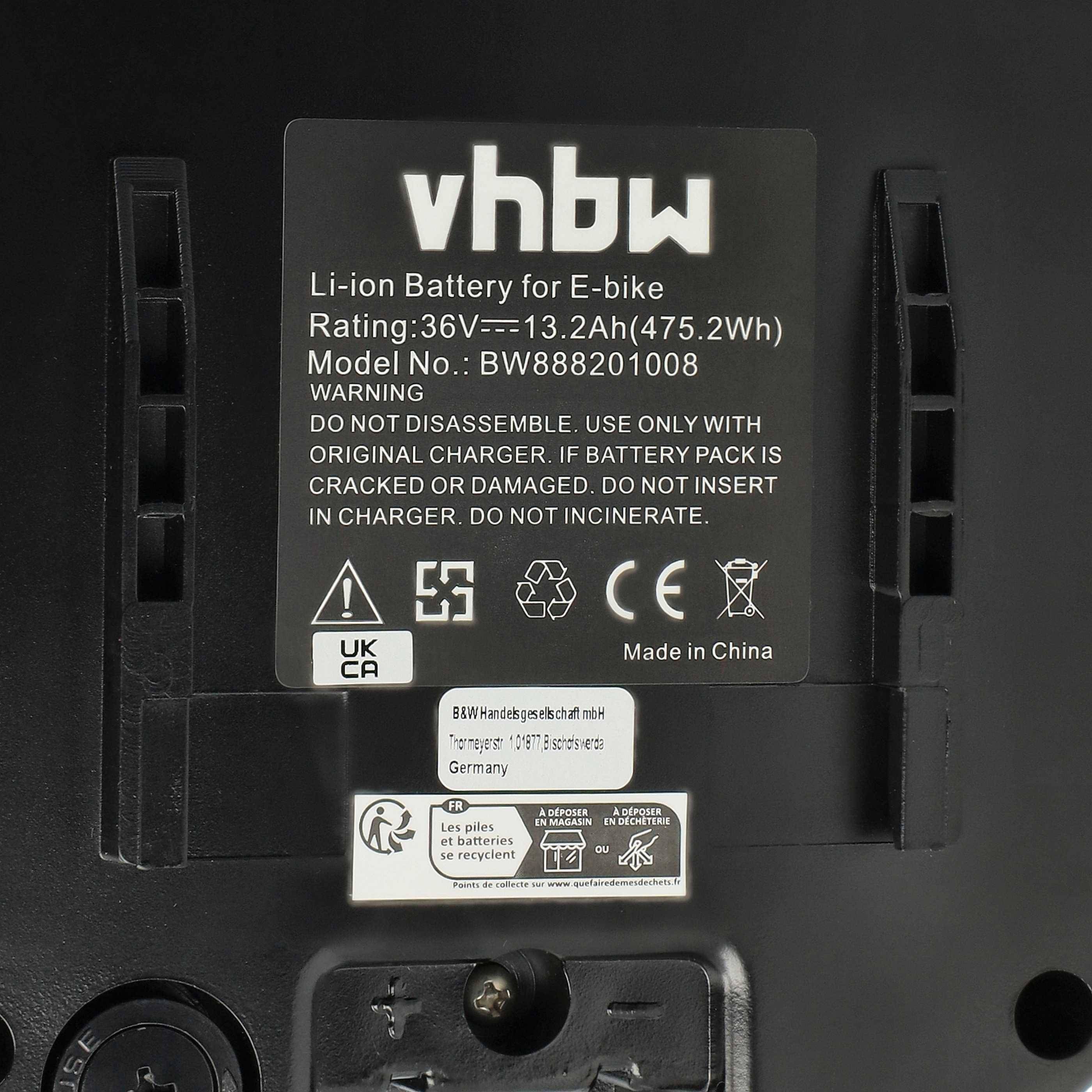 vhbw Sattelrohrakku im Frosch-Design + Halterung inkl. Ladegerät für E-Bikes (13,2 Ah, 36 V, Li-Ion)