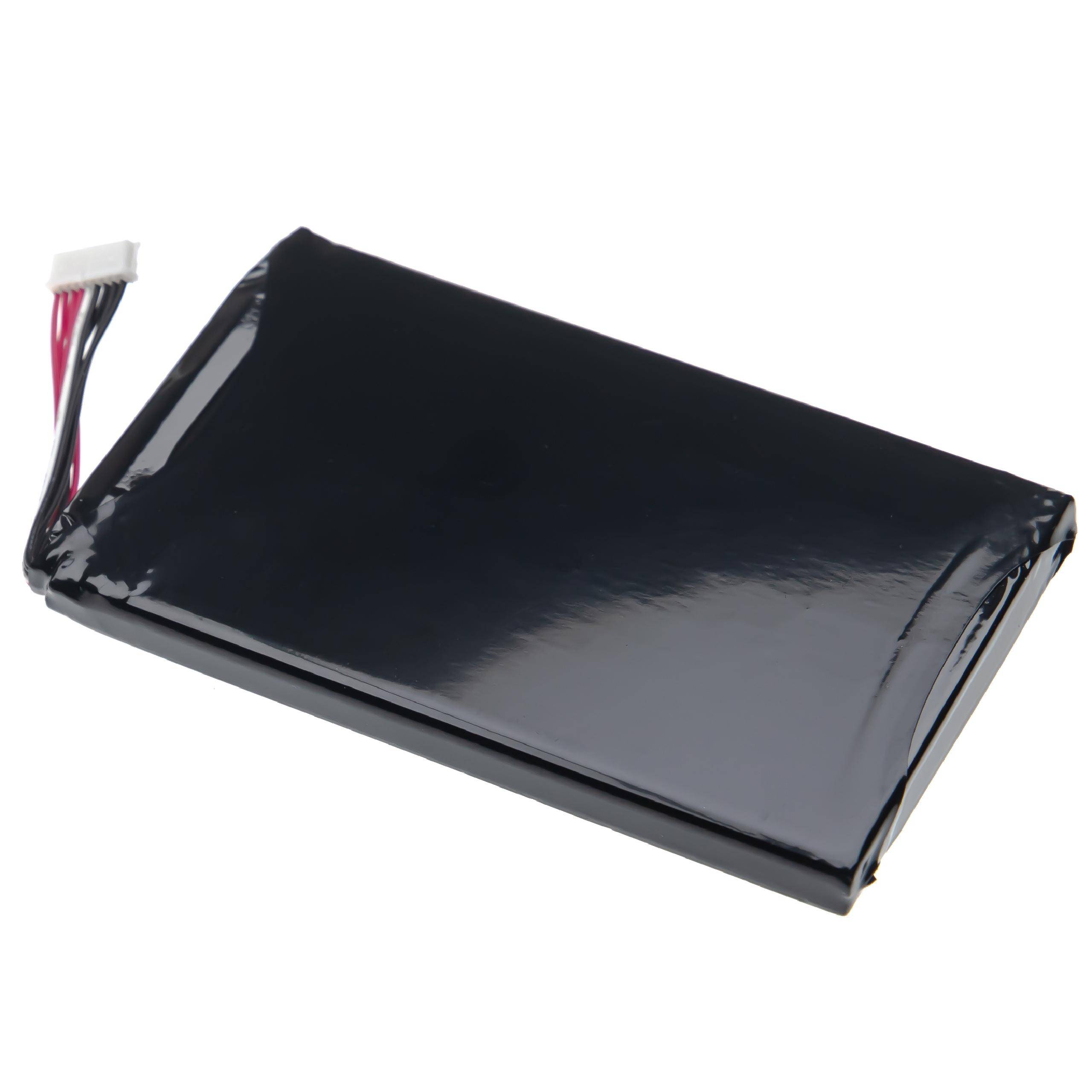 Ein schwarzes rechteckiges Batteriepaket mit einem weißen Stecker und roten und schwarzen Drähten, die von einem Ende ausgehen.