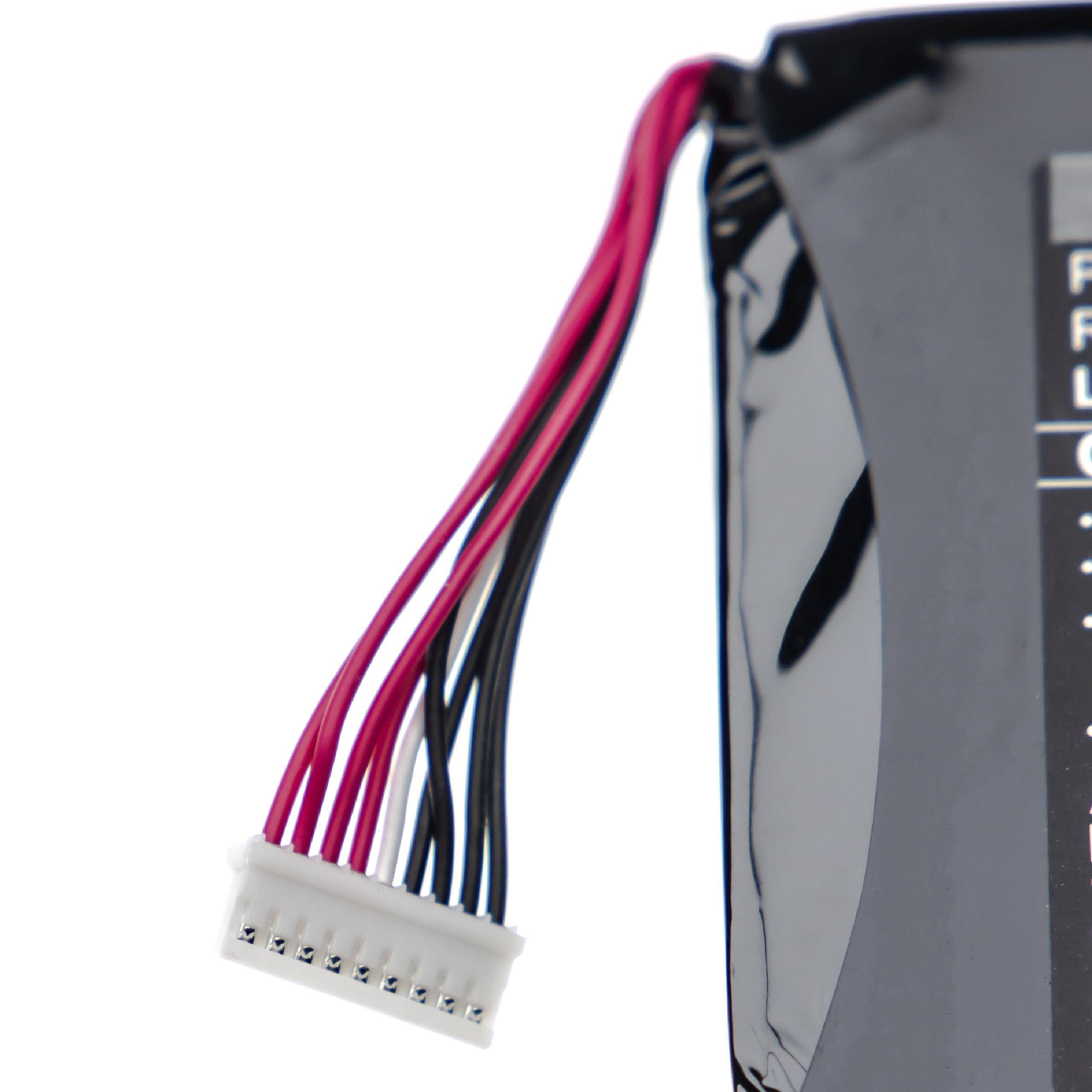 Eine Nahaufnahme eines schwarzen Lithium-Ionen-Akkupacks, der mit einem Bündel verschiedenfarbiger Drähte mit einem weißen Stecker verbunden ist, was auf eine Stromversorgungskomponente hindeutet.