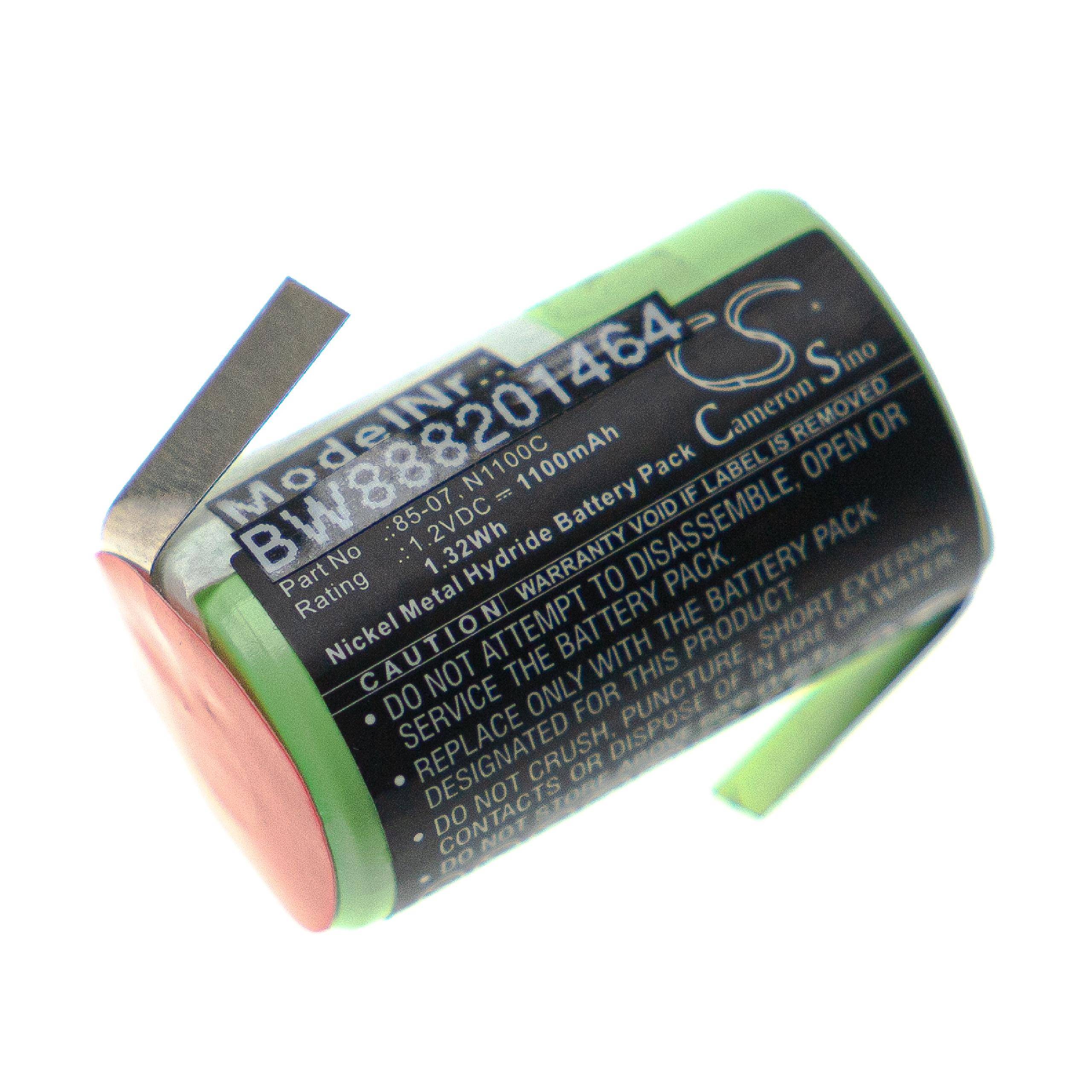Ein zylindrischer Nickel-Metallhydrid-Akku mit der Bezeichnung 'Model: BYD82-01/4064', 6V, 1100mAh, mit Warnhinweis zum Nicht-Zerlegen.