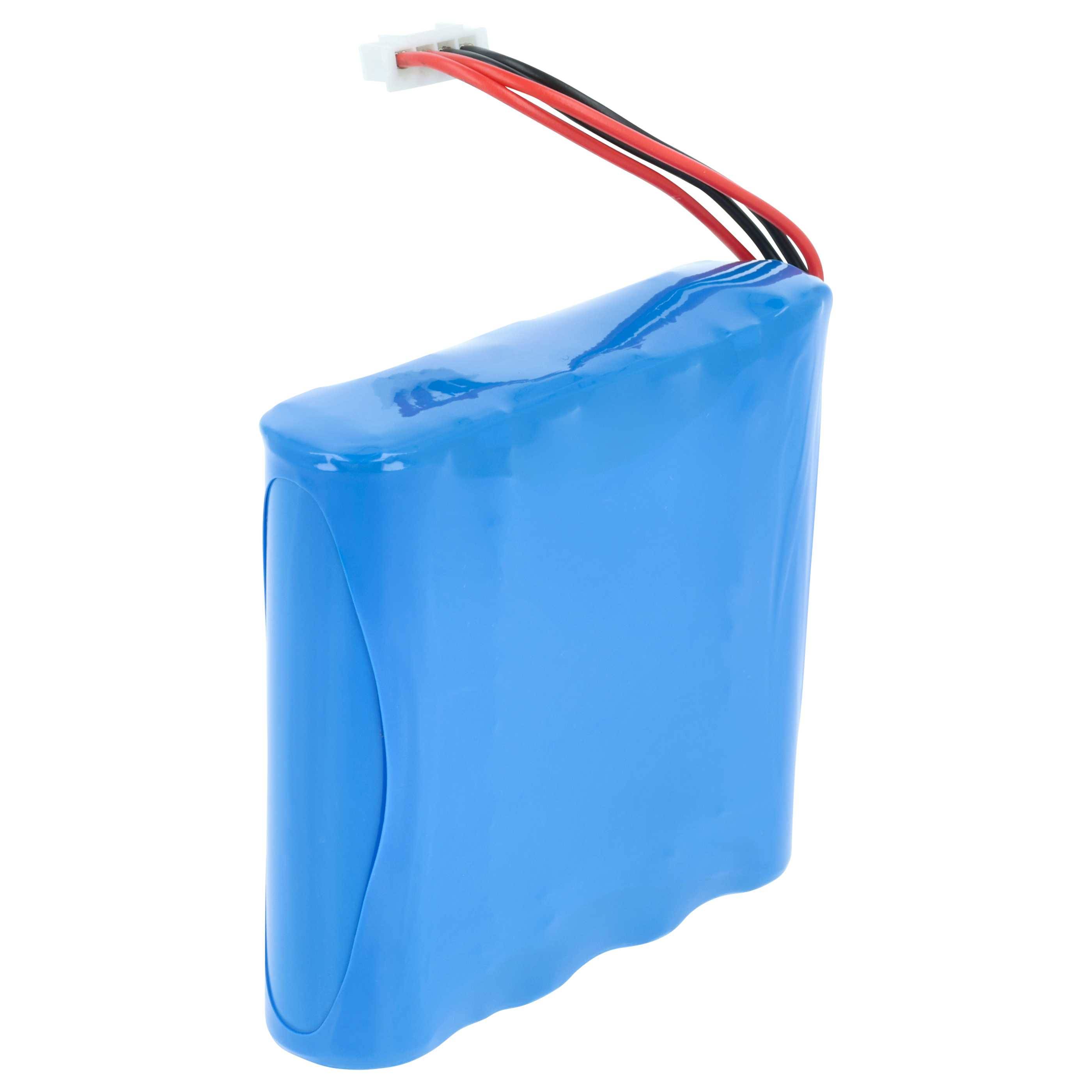 Blaues wiederaufladbares Batteriepack mit drei angeschlossenen Drähten auf weißem Hintergrund.