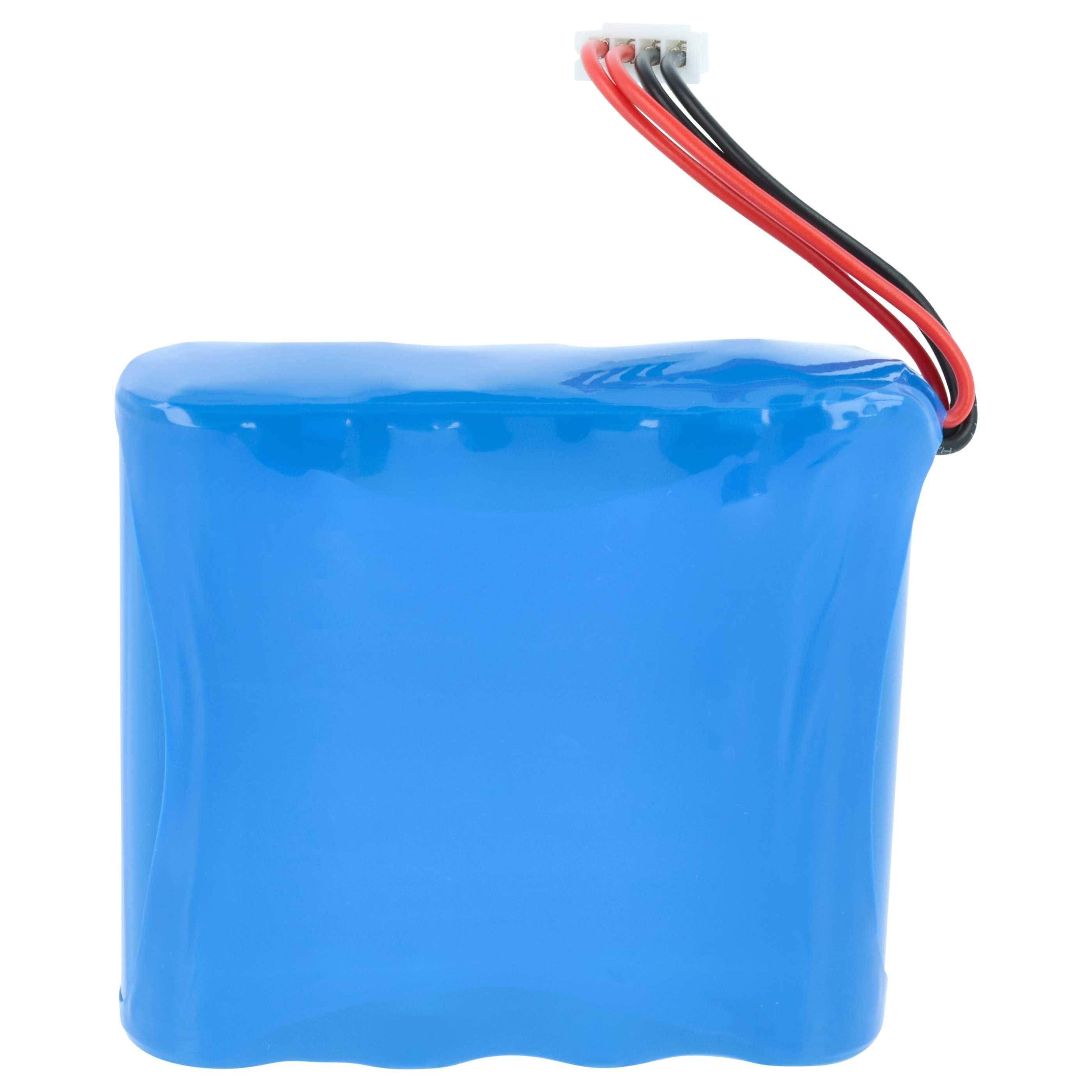 Blaues wiederaufladbares Batteriepaket mit roten und schwarzen Kabeln, die oben angebracht sind, auf weißem Hintergrund.