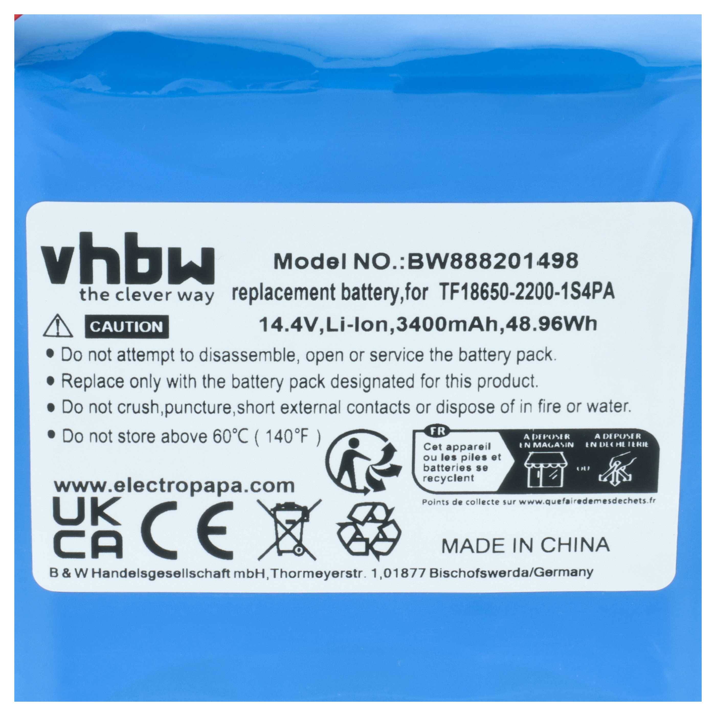 Blauer wiederaufladbarer Akku mit vhbw Ersatzakku-Beschriftung, Modell BW888201498, 14,4V Li-Ion 3400mAh 48,96Wh, mit Sicherheitswarnungen und Recycling-Symbolen.