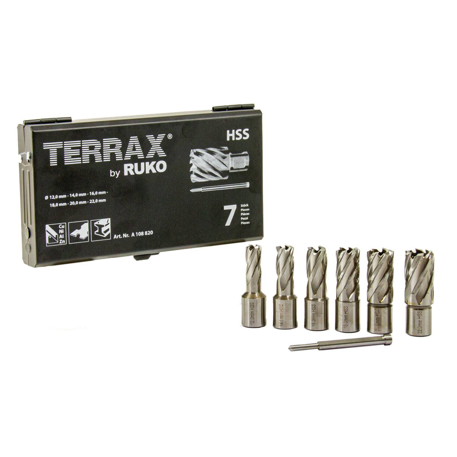 Ruko Terrax Kernbohrer Satz HSS 7 tlg. 12 - 22 mm, Weldonschaft, A108820